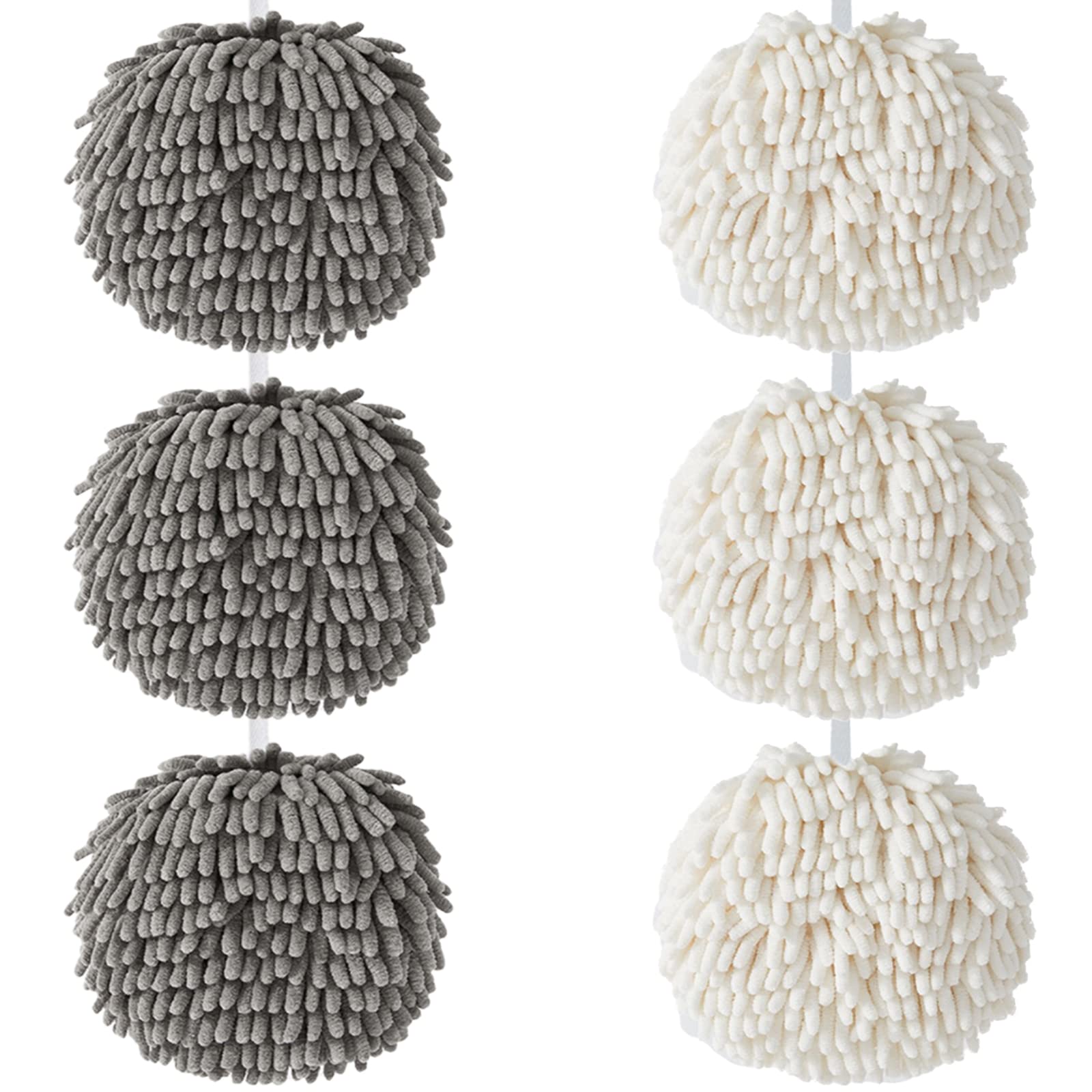 7.1 Inch Chenille Hand Towels - 6 Pack Super Soft Absorbent Microfiber Towels for Kitchen, Bathroom & Home Cleaning | Quick Dry, Hanging Towels (3 White + 3 Grey) - Perfect for Dishes, Countertops & Household Chores