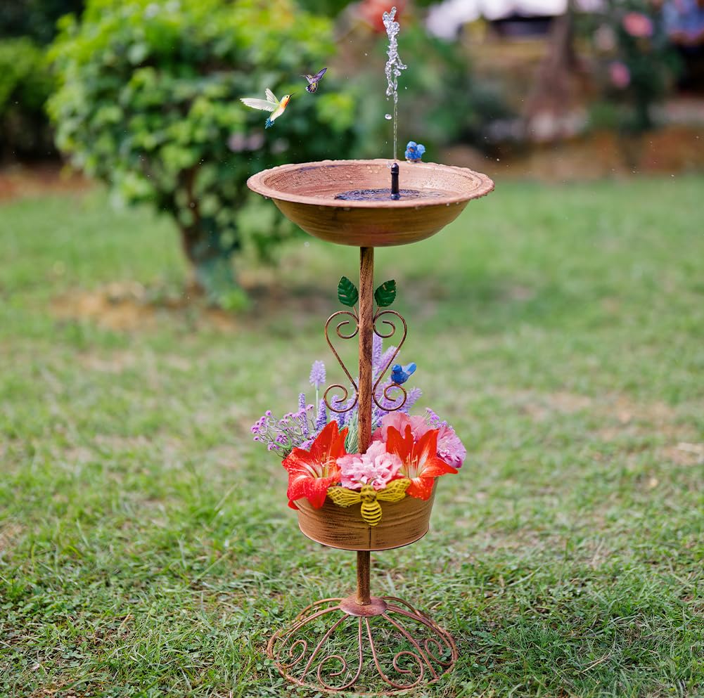 VEWOGARDEN 28 Inch Outdoor Metal Bird Bath Planter Pedestal - Decorative Garden Standing Birdbath with Flower Pot for Patio, Yard, Lawn & Backyard Decor - Attracts Birds & Enhances Outdoor Spaces