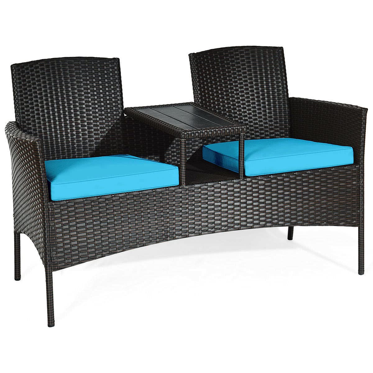 2-Seater Rattan Patio Conversation Set with Plastic Table Top & Blue Cushions - Outdoor Garden, Poolside, Deck Furniture for Relaxing & Socializing