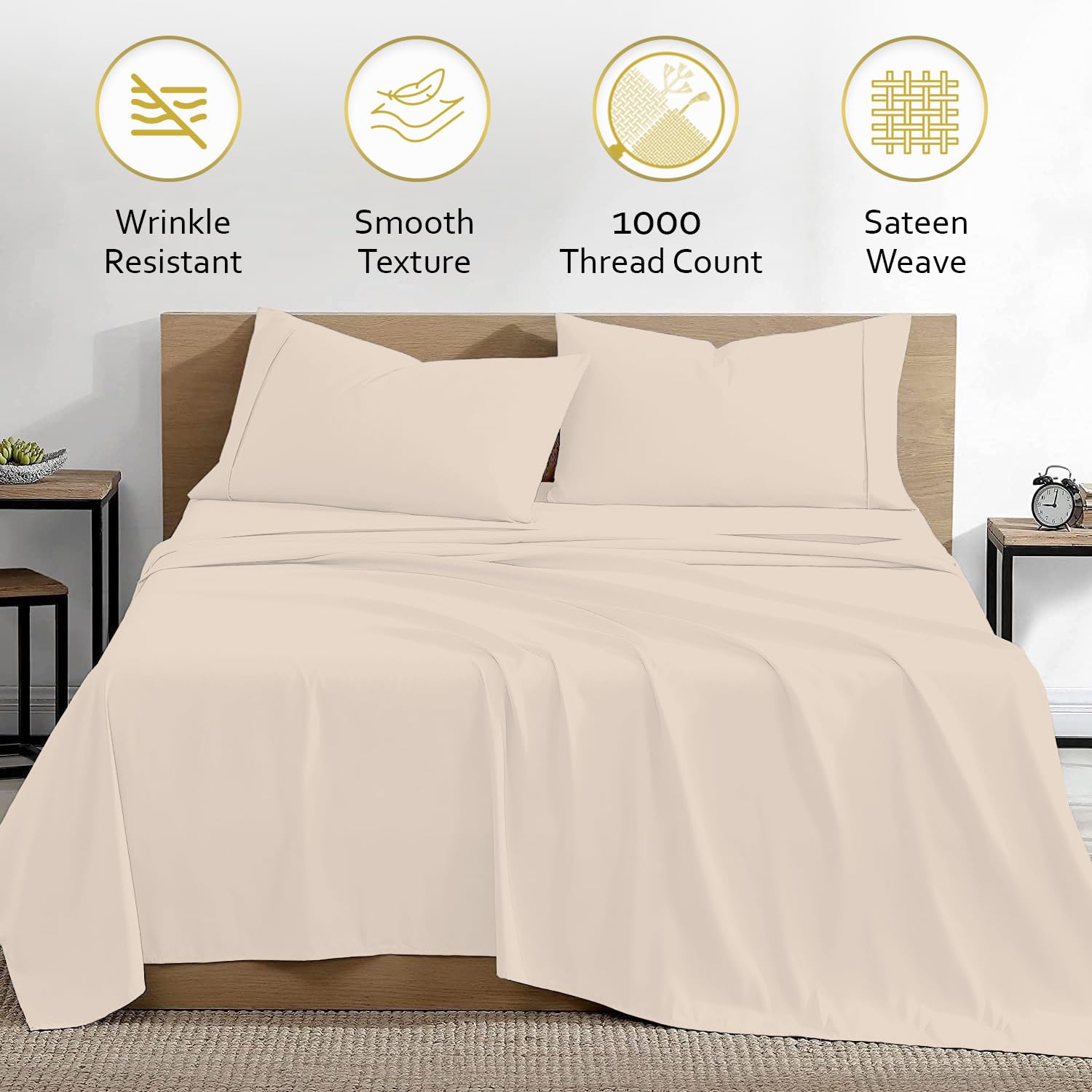 Luxury 1000 Thread Count Egyptian Cotton King Size Bed Sheets Set - 4 Piece Deep Pocket Cooling Hotel Quality (1 Flat Sheet, 1 Fitted Sheet, 2 Pillowcases) - Soft & Breathable for All-Season Comfort - Perfect for Master Bedrooms, Guest Rooms & Vacation Homes