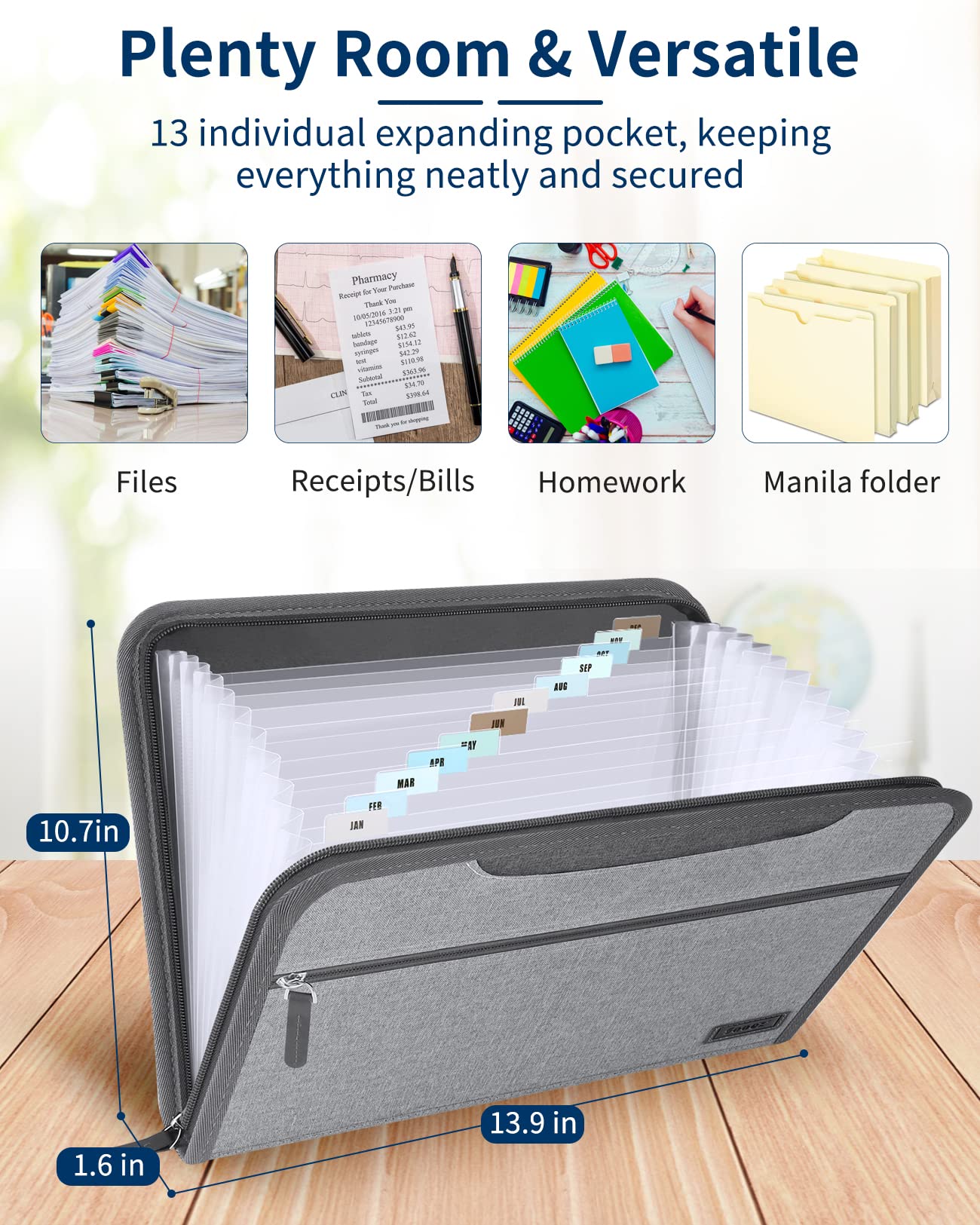 Sooez Heavy Duty Accordion File Organizer with Hidden Handle - 12 Pockets Expanding File Folder for Letter/A4 Documents | Portable Cloth Receipt Organizer for Bills, School, Office & Home Use | Perfect for Classroom Supplies, Tax Organization & Document Storage