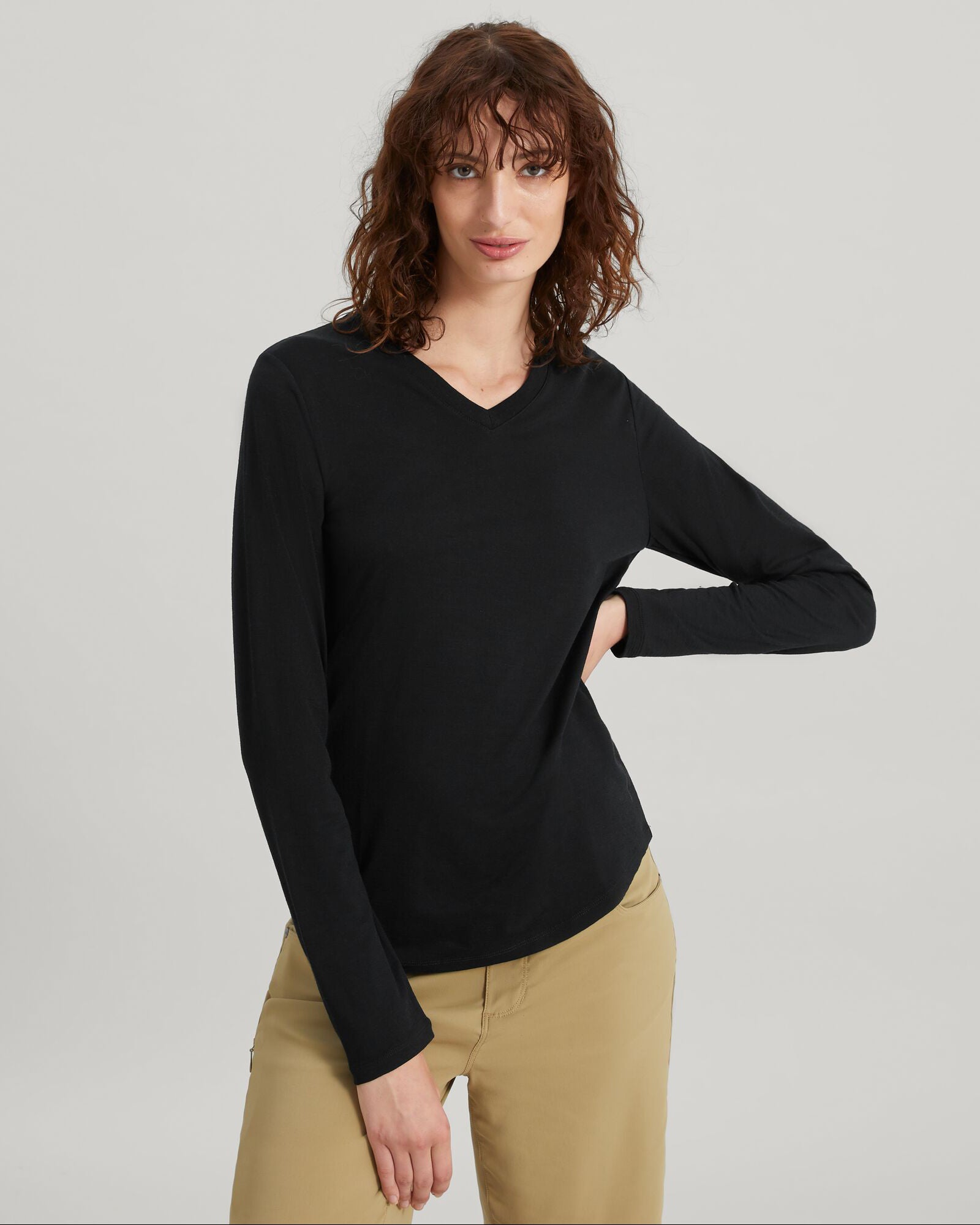100% Merino Wool Women's Long Sleeve V-Neck Top - Black | Soft & Warm Base Layer for Hiking, Travel & Winter Outfits