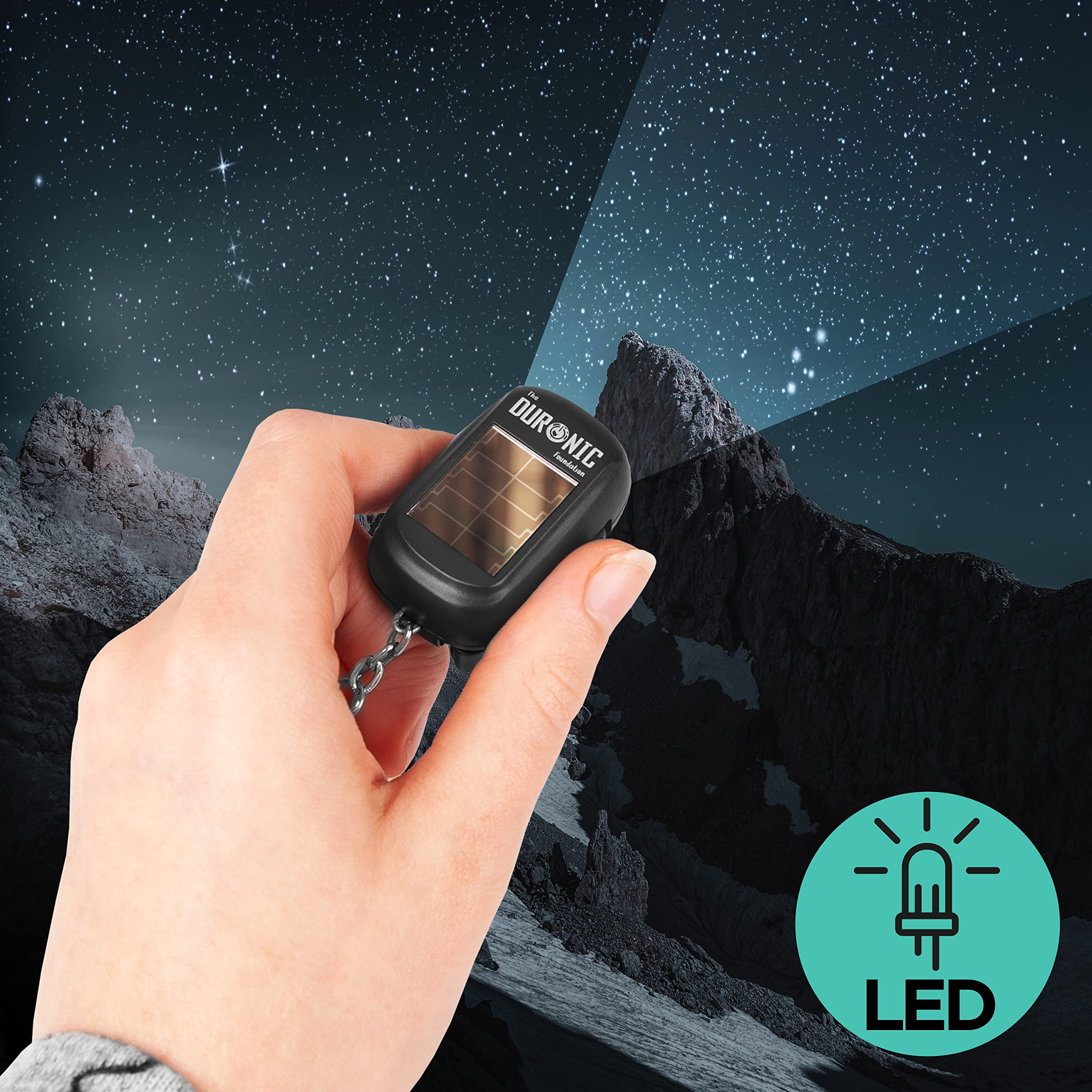 Duronic Keyring LED Torch DF01 - Rechargeable Pocket Flashlight with 2-Way Charging (Solar Panel & Hand Crank), 8 Lumens, Battery-Free Dynamo Keychain Light for Camping, Hiking, Emergency & Outdoor Adventures
