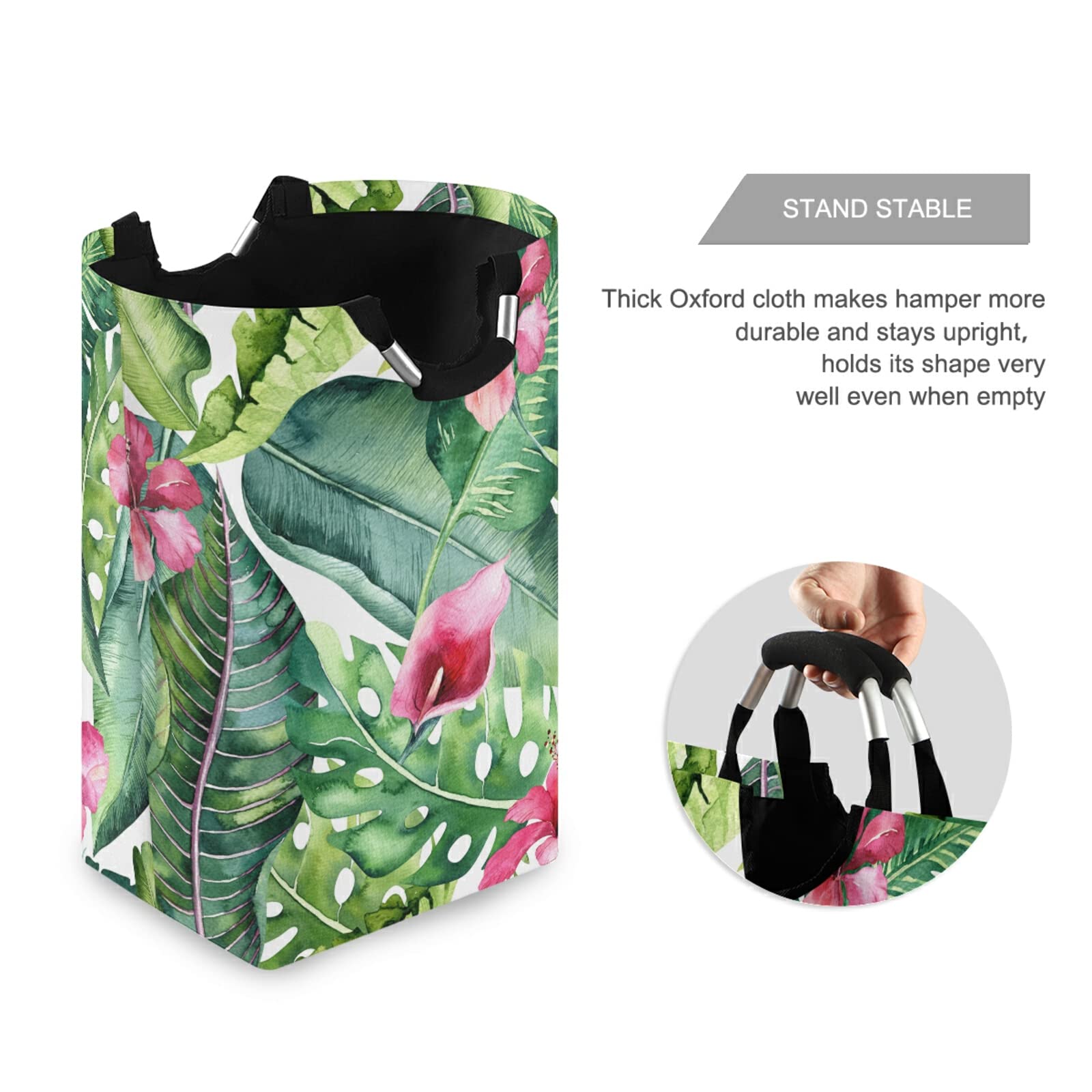 Collapsible Laundry Hamper with Handles - Foldable Waterproof Clothes Basket & Portable Washing Bin - Tropical Leaves Design for Dorm, Travel & Home Organization