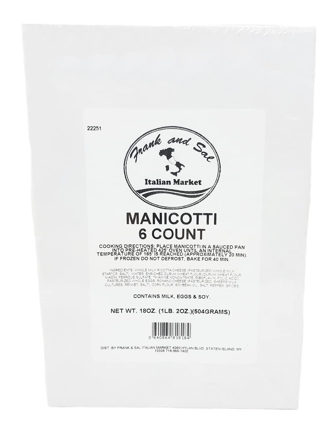 Authentic Italian Manicotti Pasta - 6 Boxes (36 Count) | Handmade in Brooklyn by Frank & Sal Italian Market | Perfect for Family Dinners, Italian Feasts & Holiday Gatherings