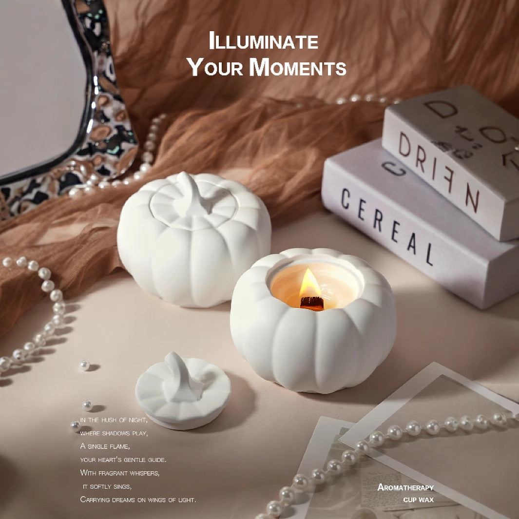 Ebony Sandalwood Scented Ceramic Pumpkin Candle with Lid - Fall Home Decor, Thanksgiving Gift Idea for Housewarming, Autumn Centerpiece for Table Decorations