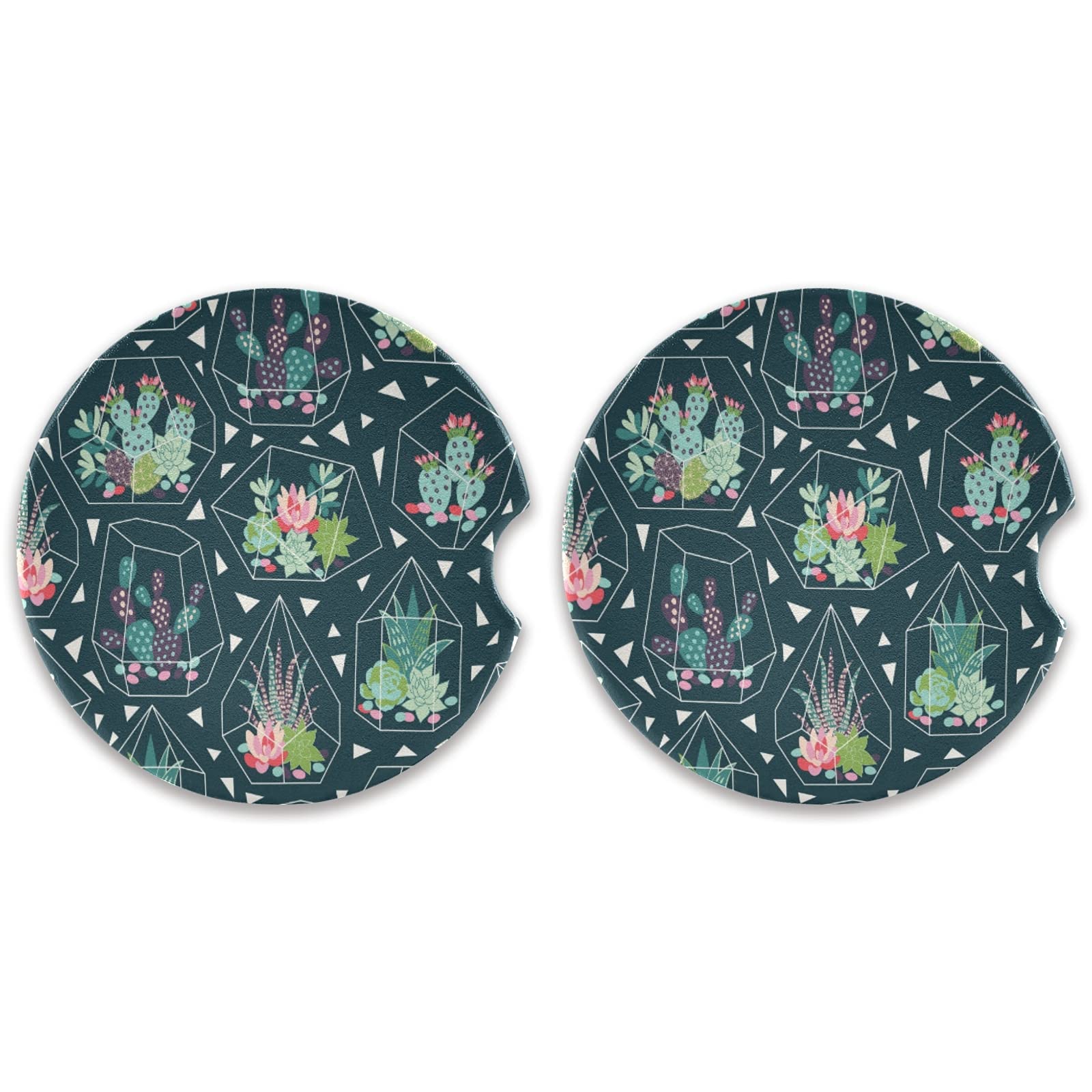 2 Pack Ceramic Succulent Car Coasters - Absorbent Drink Coasters for Cars with Fingertip Grip (2.5 Inch) - Perfect for Coffee, Soda & Water Cups in Vehicles