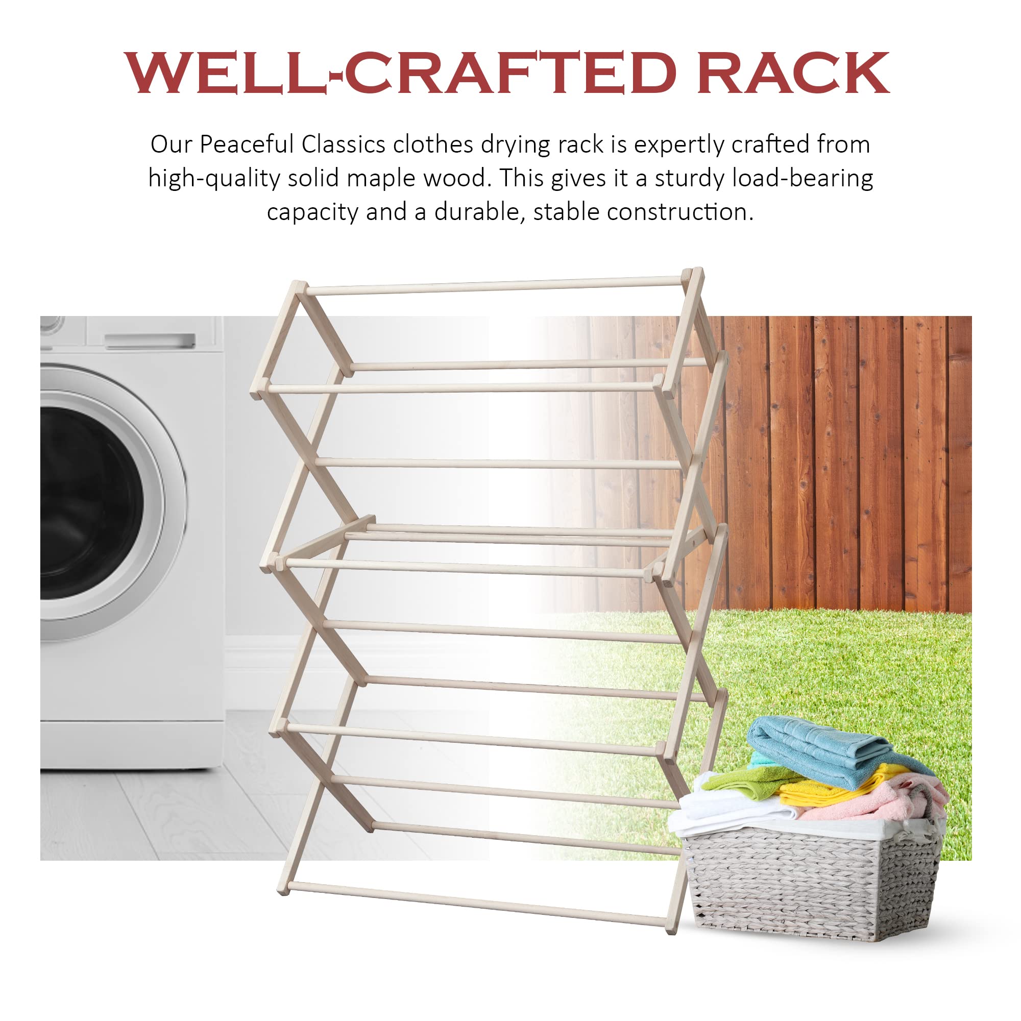 Amish Handmade Wooden Clothes Drying Rack - Foldable Laundry Rack for Towels, Blankets & Linens - 52