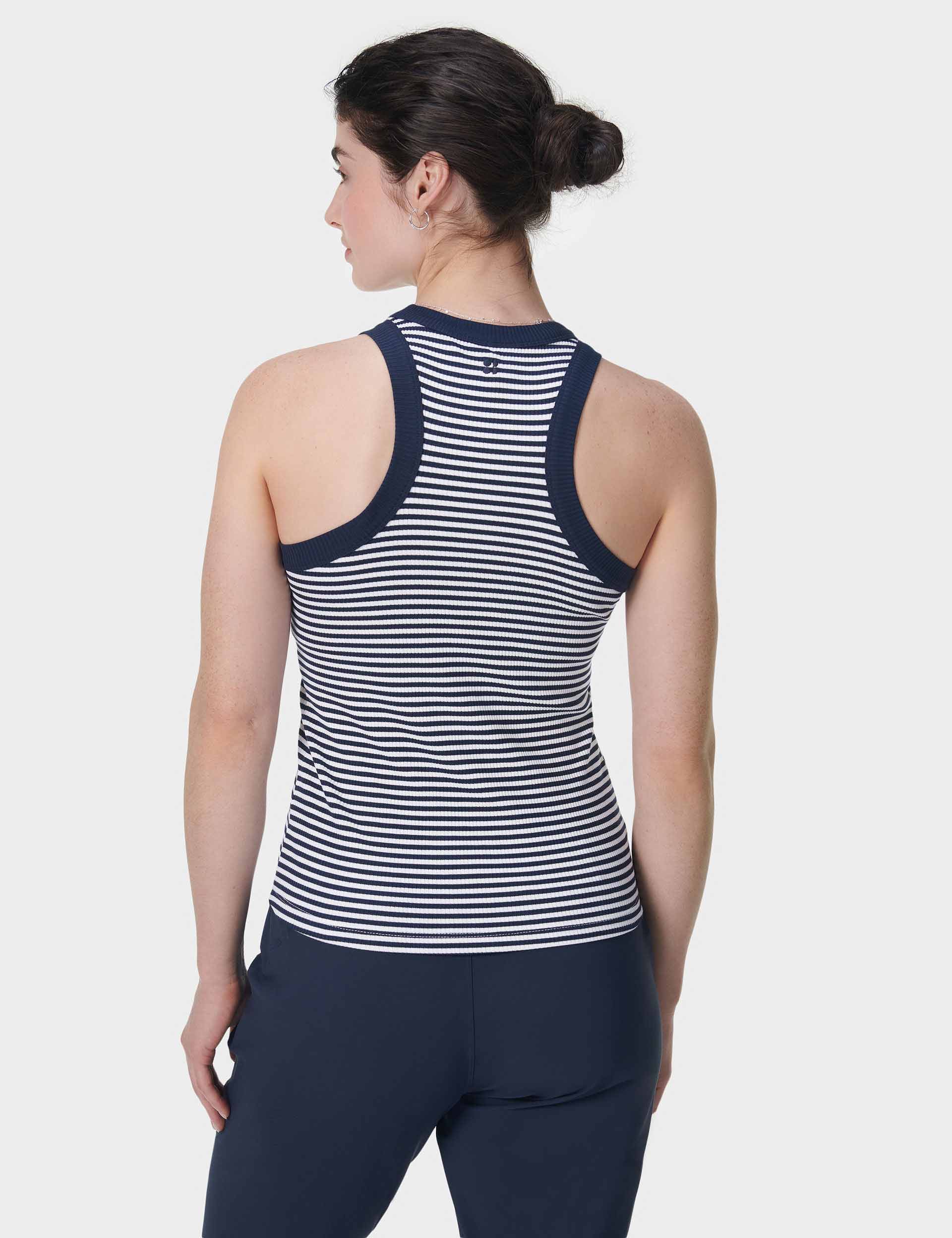 Harper Racer Vest for Women - Navy & White Striped Sleeveless Top - Perfect for Gym, Running, Yoga and Casual Wear