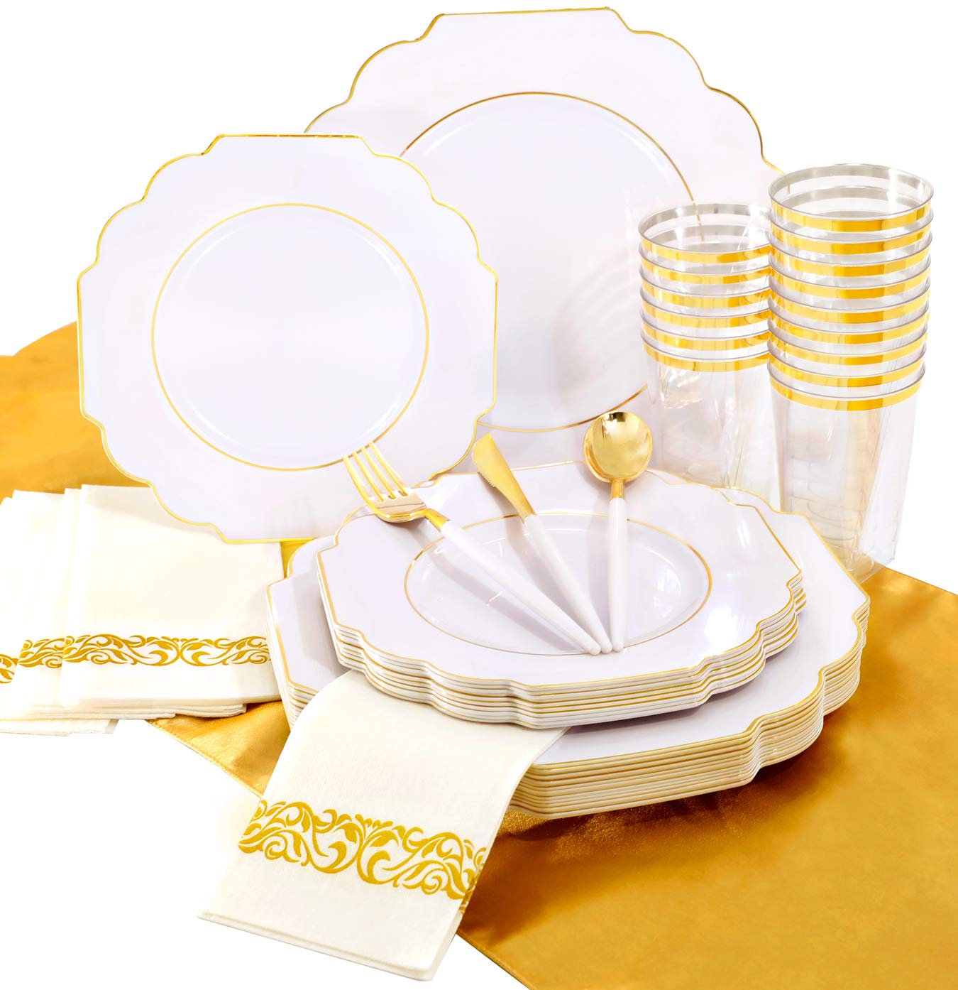 Premium 140-Piece Scalloped Gold Plastic Dinnerware Set - Heavy Duty White & Gold Square Plates (40 Plates, 20 Cups, 20 Forks, 20 Knives, 20 Spoons, 20 Napkins) - Elegant Disposable Tableware for Weddings, Parties, Events & Catering