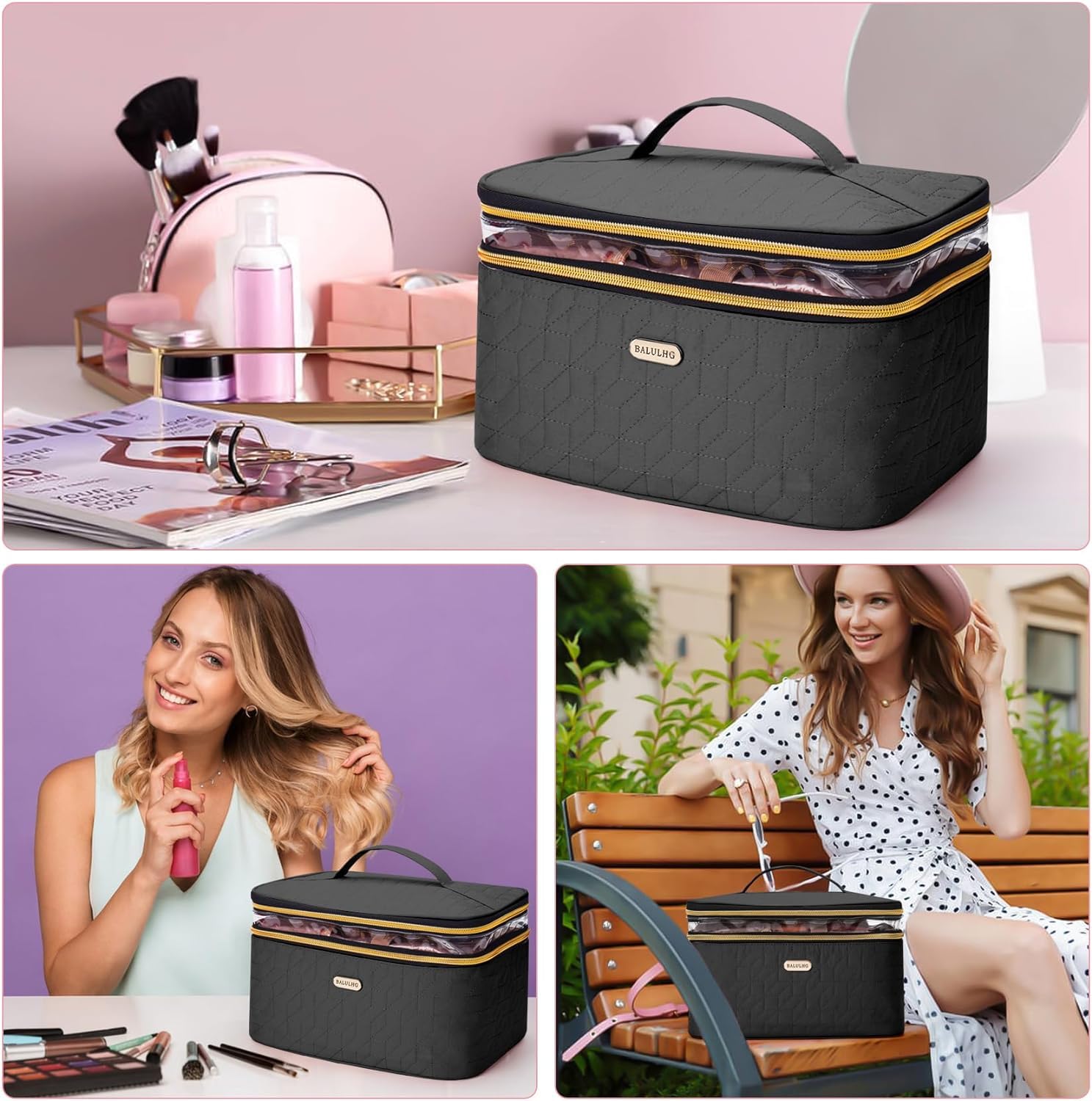 Large Travel Makeup Bag for Women - Double Layer Cosmetic Organizer with Brush Holder & Toiletry Essentials | Perfect for Vacation, Gym, Business Trips & Daily Use
