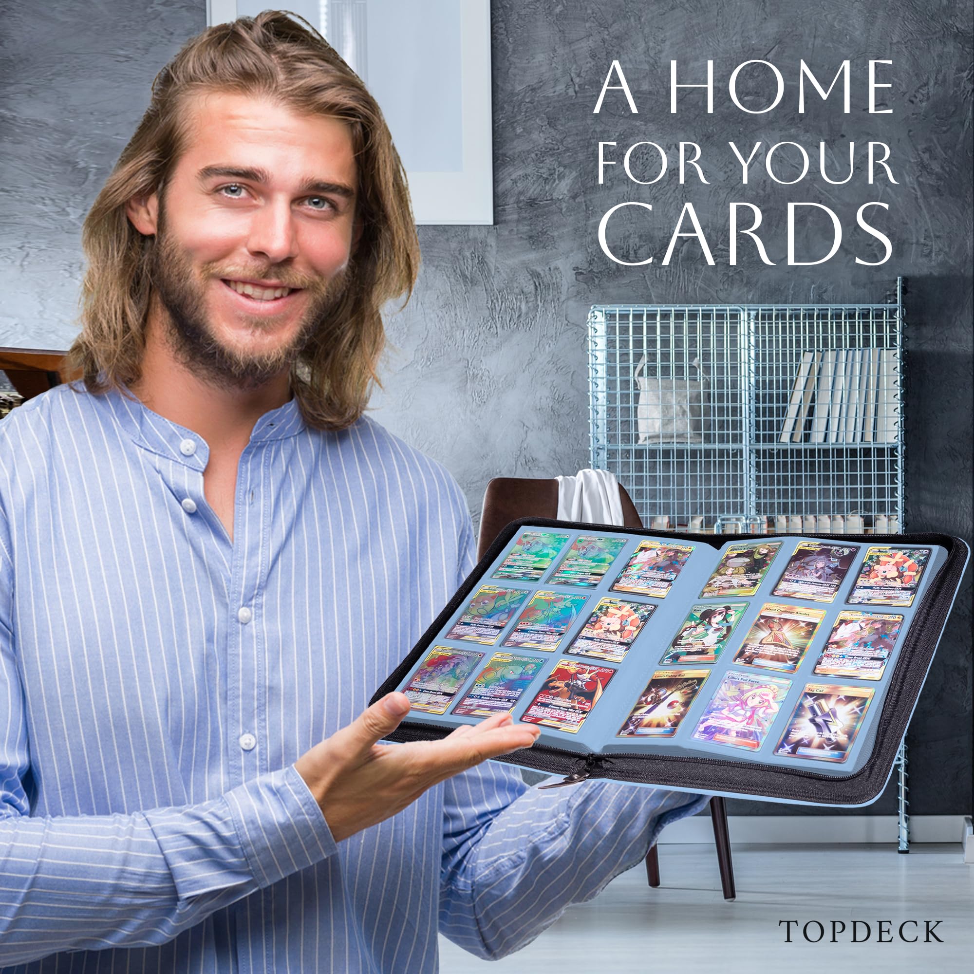 TopDeck 200 TopLoader Binder - 9 Pocket Trading Card Binder Album for Yugioh, Magic the Gathering & Pokemon Cards - Premium TCG Storage with Secure Sleeves - Sports & Collectible Card Holder (Blue) - Perfect for Card Collectors, Tournaments & Displaying Your Valuable Collection