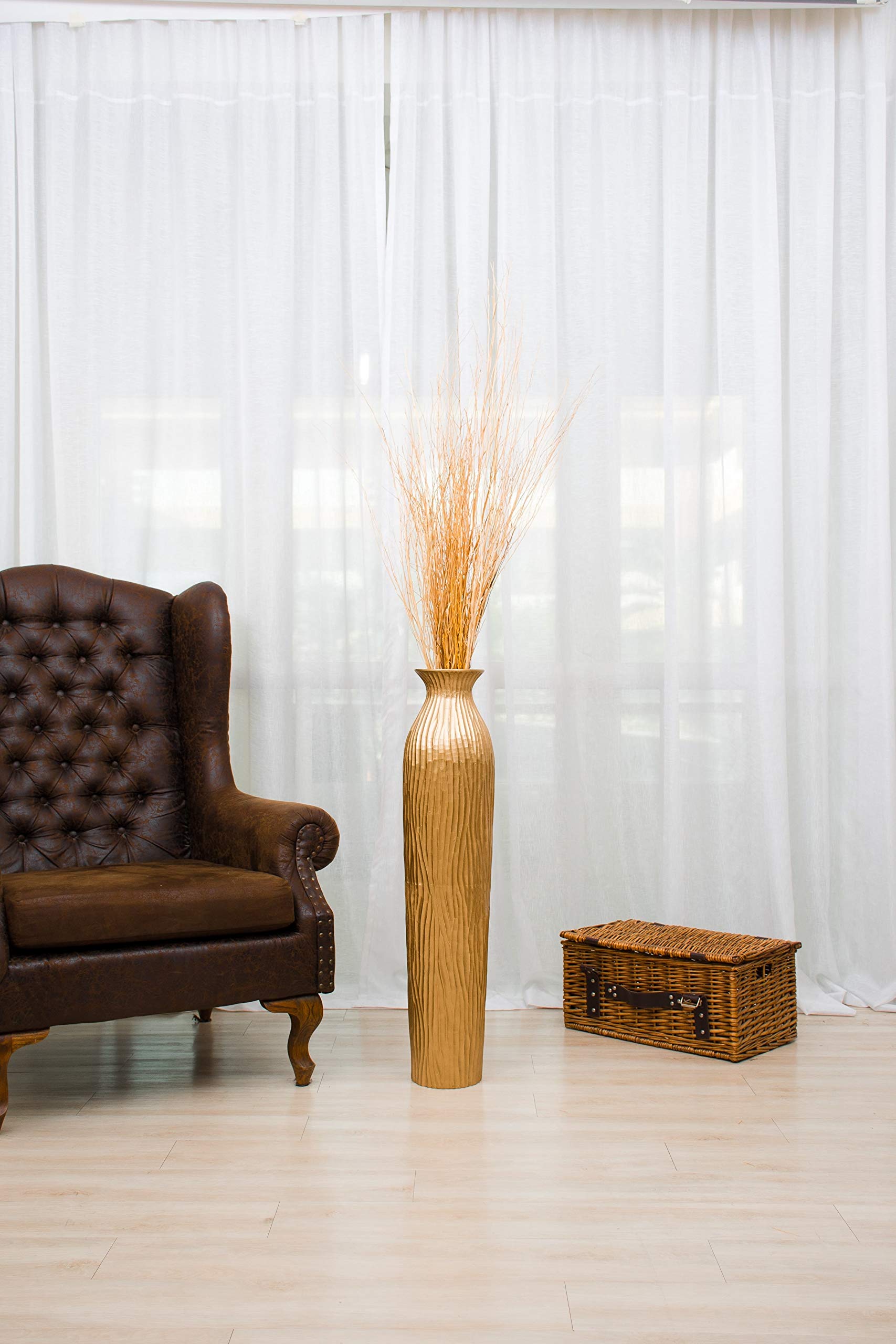 LEEWADEE Large 36-inch Wooden Floor Vase - Handmade Golden Flower Holder for Decorative Branches & Dried Flowers - Elegant Home Decor for Living Room, Entryway or Office