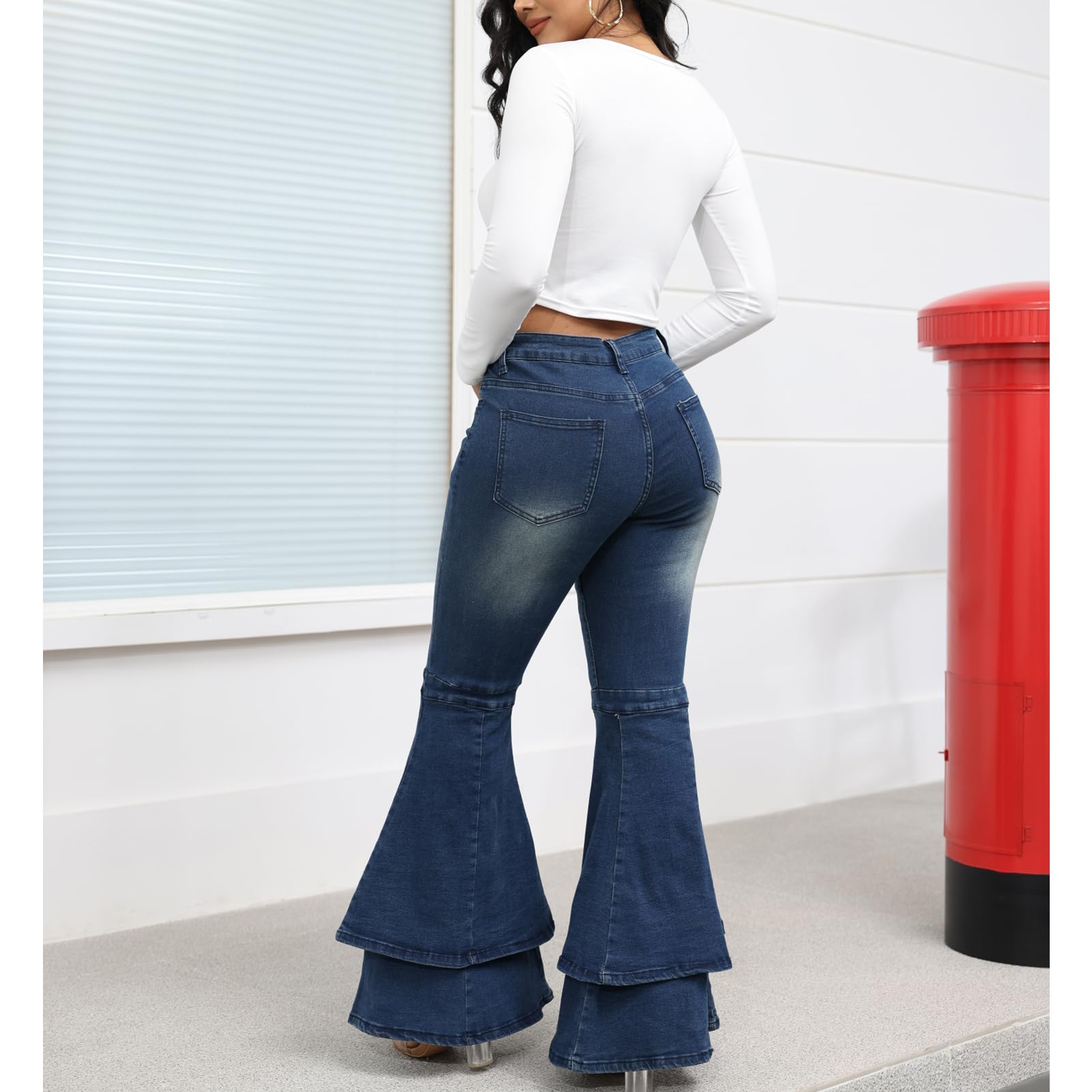 ThusFar High Waisted Bell Bottom Jeans for Women - 70s Vintage Flared Wide Leg Denim Pants with Pleated Layered Ruffle Hem | Retro Fashion, Casual Wear, Party Outfits