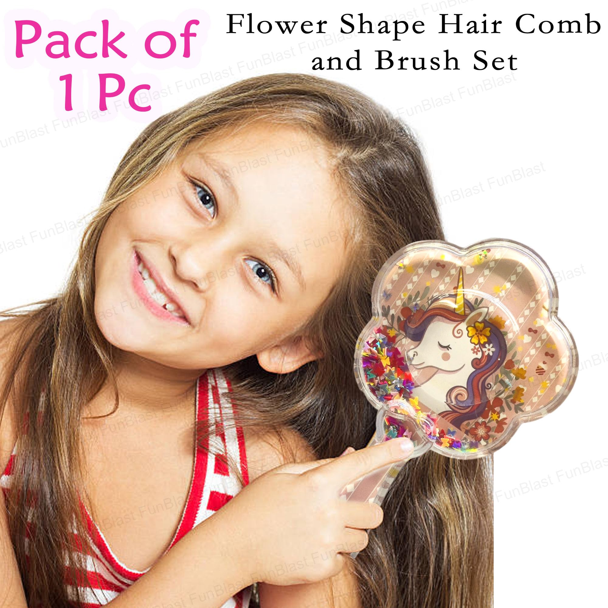 FunBlast Glitter Hair Brush Comb for Girls & Women - Flower Shaped Detangling Brush for Kids, Teens & Adults | Perfect for School, Parties & Daily Styling (Random Color)