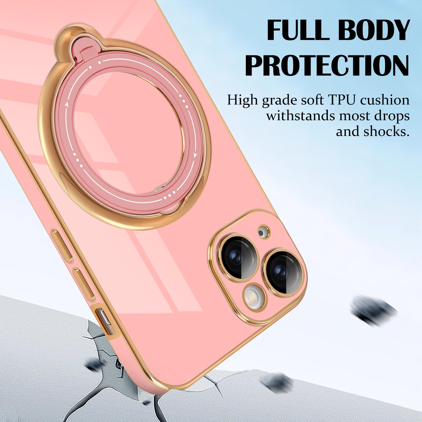 Luxury Magnetic iPhone 15 Plus Case with 360° Rotatable Stand - Shockproof TPU Bumper Protective Cover for Women & Men (Pink) - Perfect for Work, Travel & Everyday Use