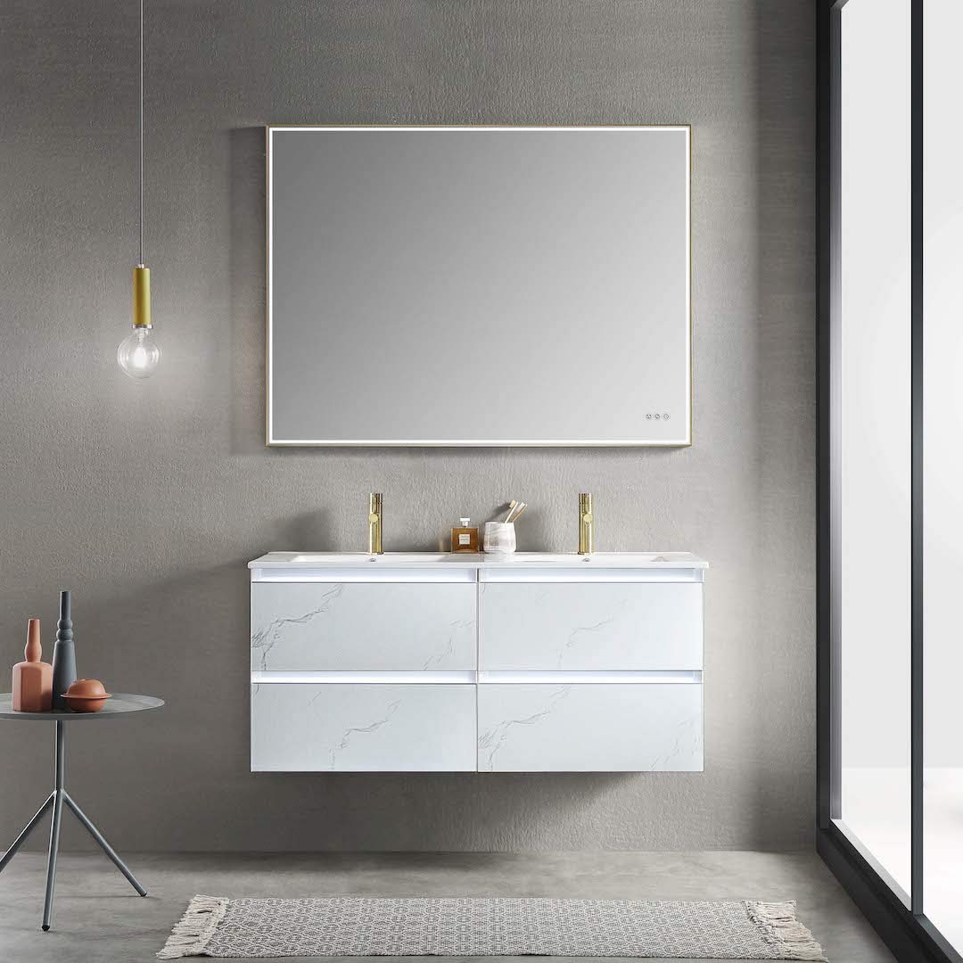 48 Inch LED Lighted Bathroom Vanity Sink Combo - Calacatta White with Adjustable Dimming Mirror Lights for Modern Bathrooms | Perfect for Master Bath, Guest Bath & Small Space Remodeling