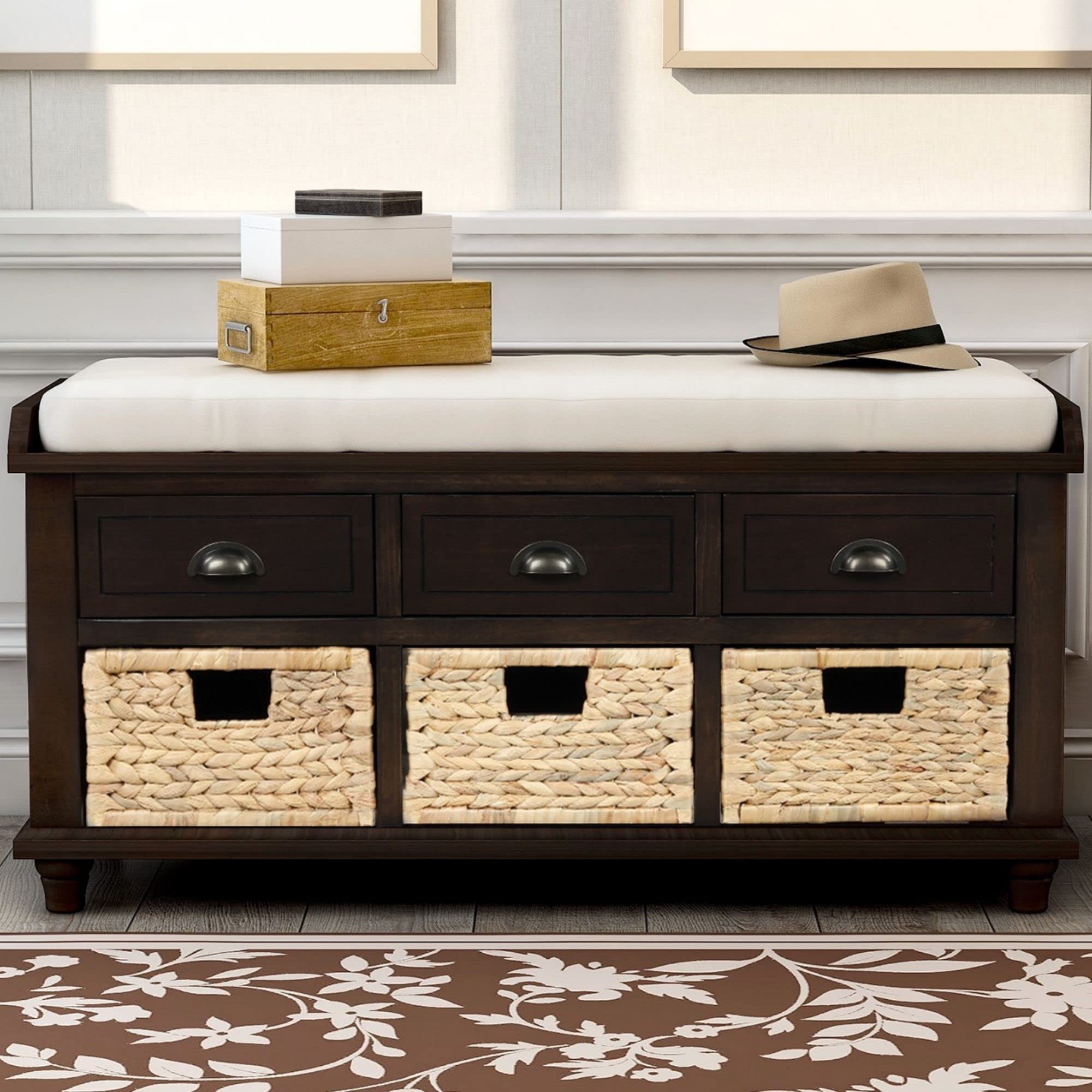 HABITRIO Wooden Storage Bench with Removable Cushion - 3 Drawers & 3 Baskets, Multi-Functional Shoe Bench for Entryway, Bedroom, Living Room, Hallway - Perfect for Organizing Shoes, Blankets & Home Decor (Espresso Finish) | Ideal for Small Spaces & Apartment Living