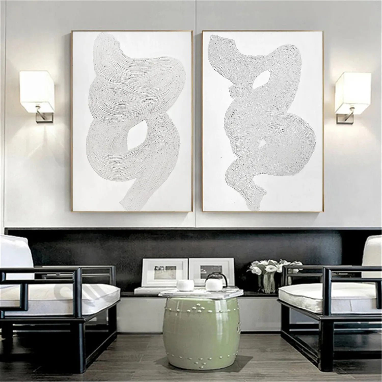 Modern White Minimalist Textured Wall Art - Set of 2 Abstract Canvas Paintings for Living Room & Bedroom Decor | MM276