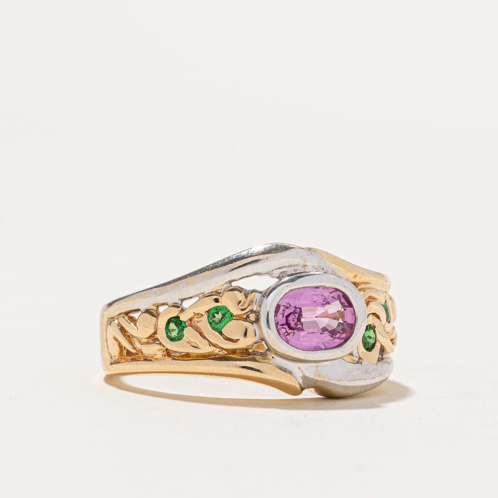 East West Pink Sapphire & Tsavorite Garnet Textured Ring - 1.14 Carat Total Weight - Size 10.25 - Elegant Cocktail Ring for Women - Perfect for Weddings, Anniversaries & Special Occasions