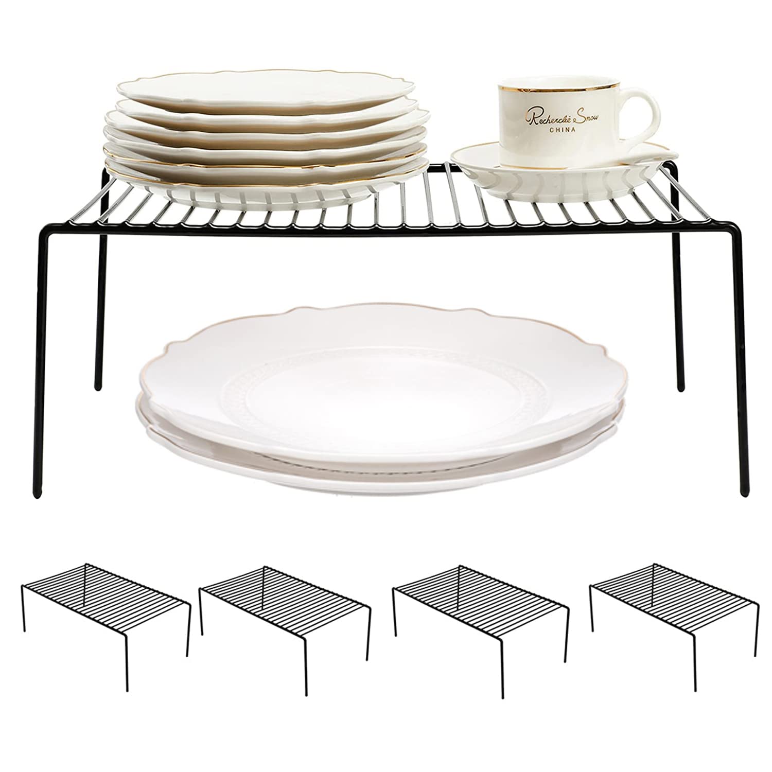 5-Pack Large Metal Wire Kitchen Cabinet Shelf Organizer (15.7 x 9.4 Inch) - Black Pantry Storage Shelves for Dishes, Plates, Freezer & Cupboard Organization | Space-Saving Cabinet, Countertop & Kitchen Storage Solution