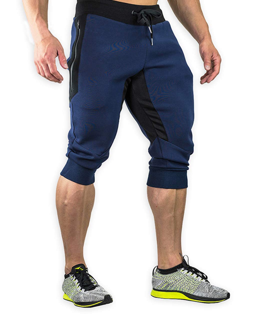 **Men's Cotton 3/4 Jogger Pants - Casual Running Capri Below Knee Gym Workout Shorts with Zipper Pockets - Perfect for Training, Yoga & Lounge Wear**