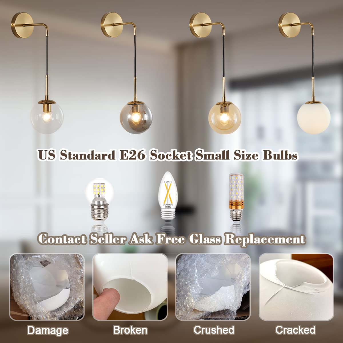 Mid Century Modern Globe Wall Sconce Lighting - Set of 2 Plug-in Brushed Brass Gold Wall Lights with Clear Bubble Glass Ball - Perfect for Bathroom, Bedroom, Hallway & Living Room Decor