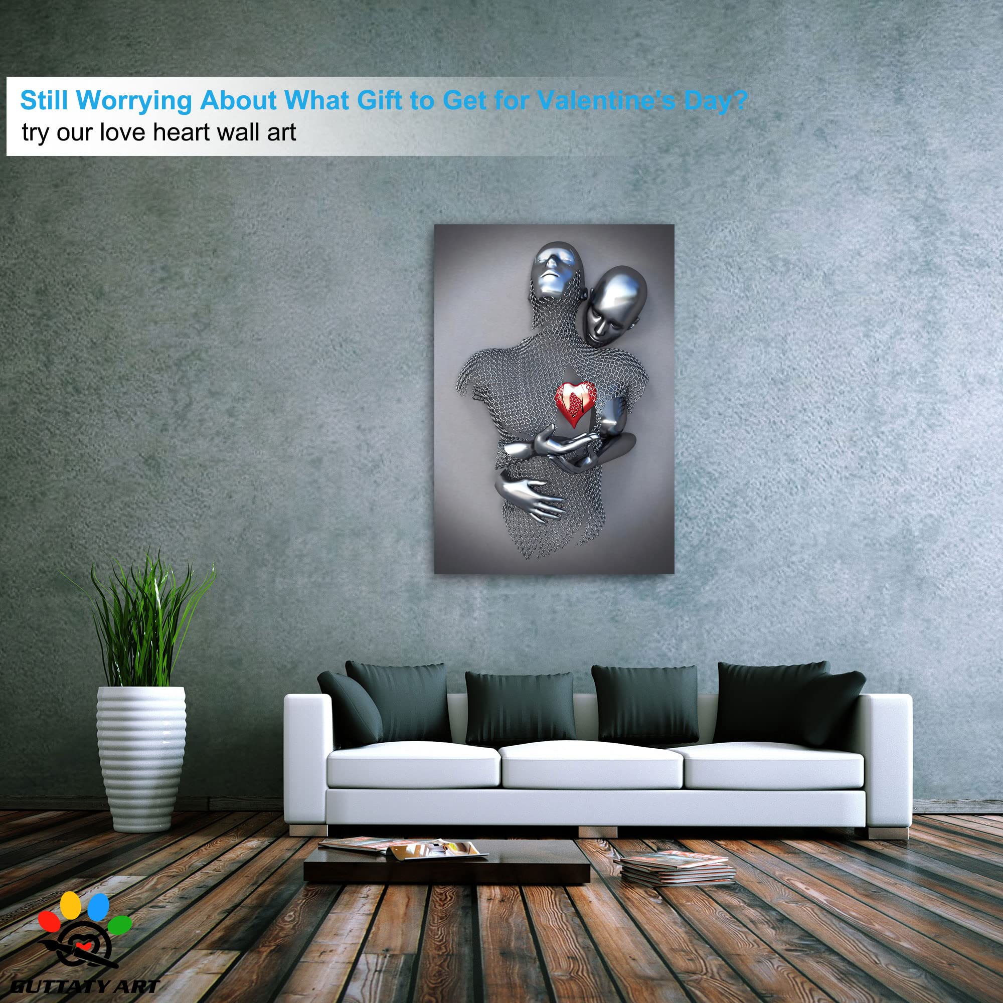3D Metal Heart Wall Art - Gray Hugging Couple Canvas Print for Bedroom & Living Room Decor - Valentine's Day Gift for Couples - 32x48 Inches - Perfect Romantic Home Decor for Anniversary, Wedding & Housewarming Gifts
