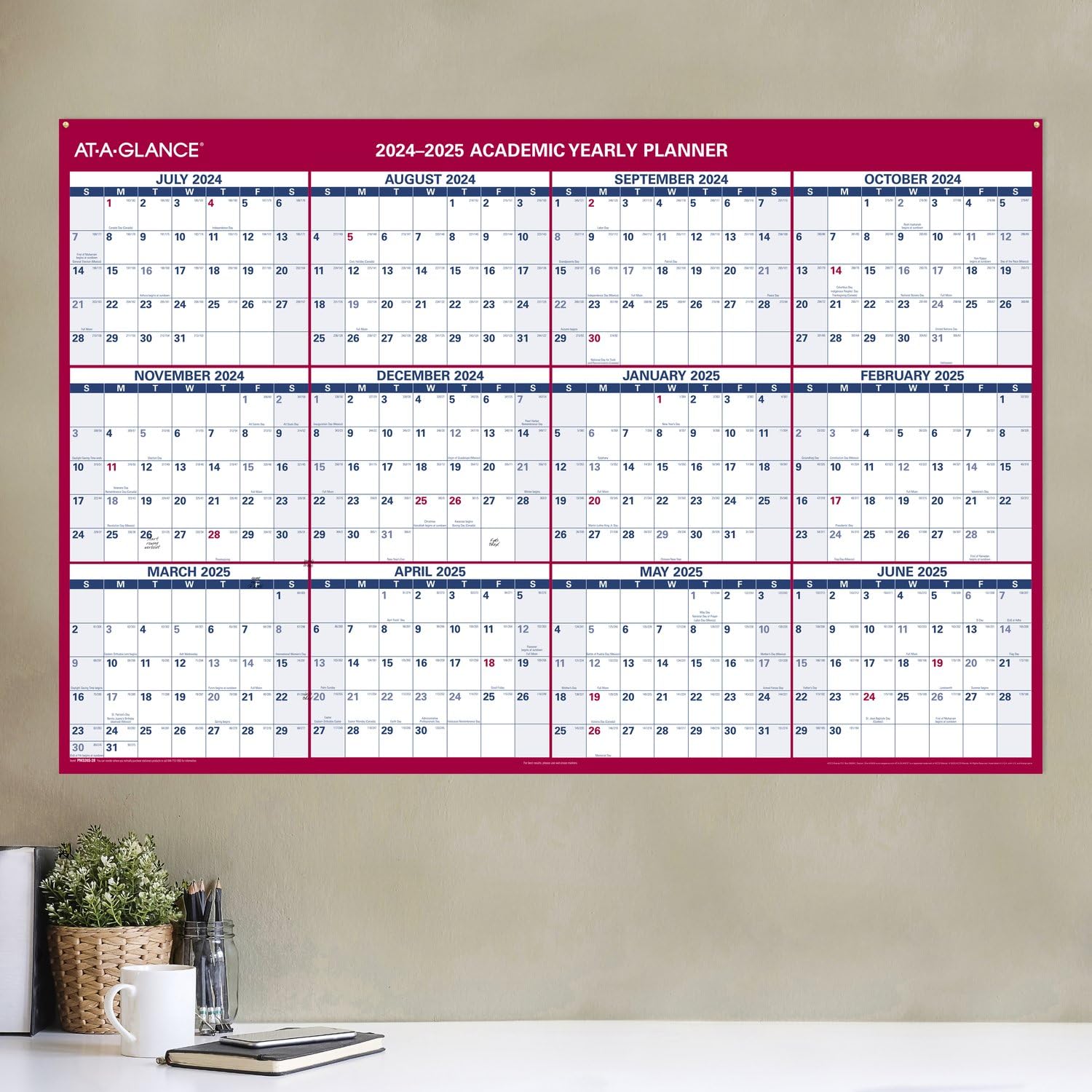 AT-A-GLANCE 2024-2025 Dry Erase Wall Calendar Planner - 48