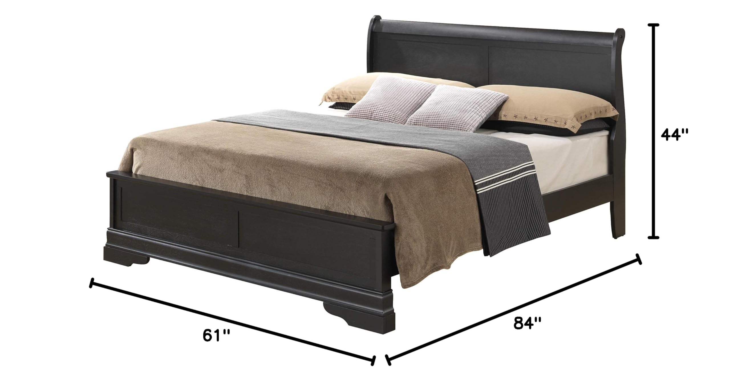 Glory Furniture Louis Phillipe Full Panel Bed in Black - Elegant Queen Size Bed Frame for Master Bedroom & Guest Room