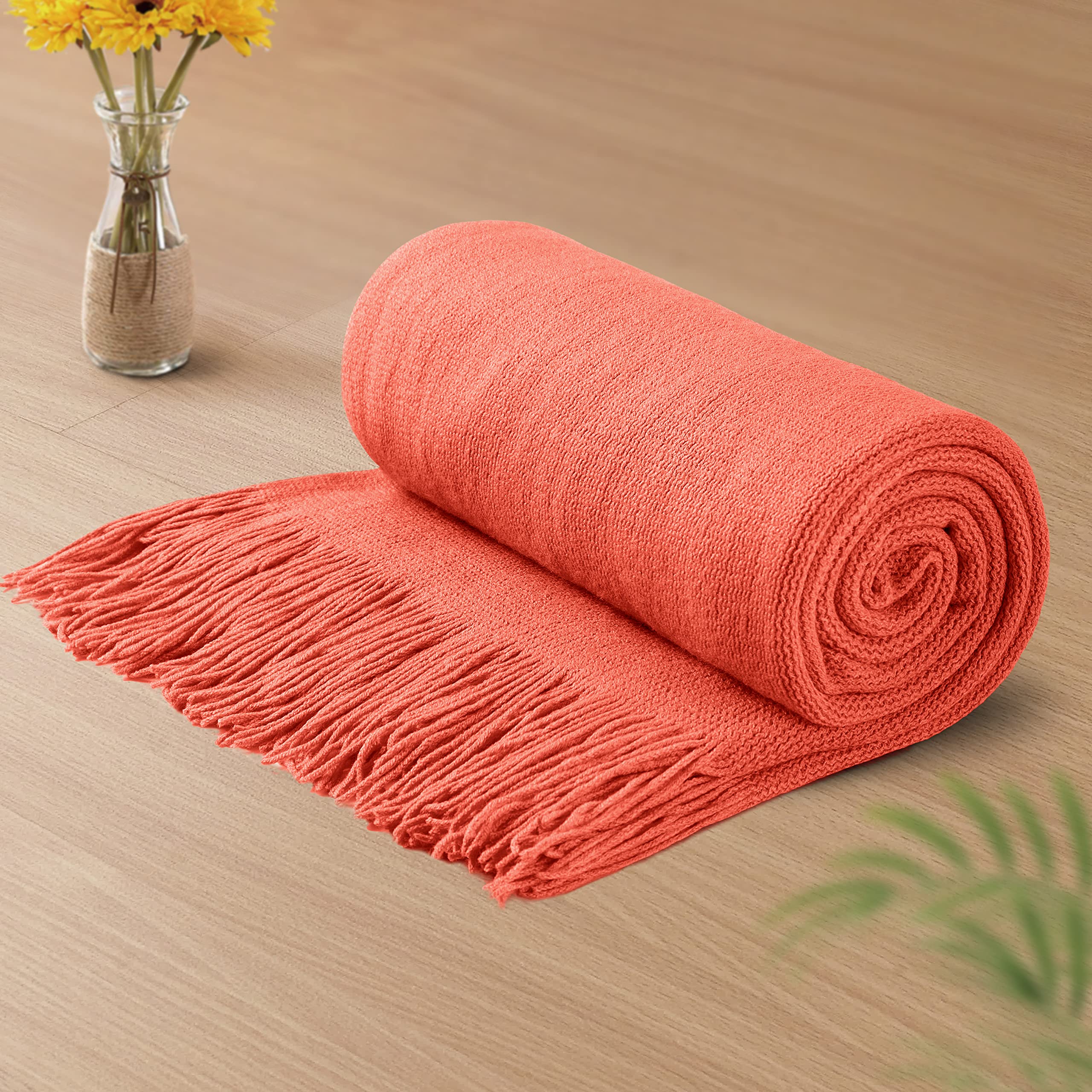 Vonty Burnt Orange Knitted Blanket with Tassels Fringe 50
