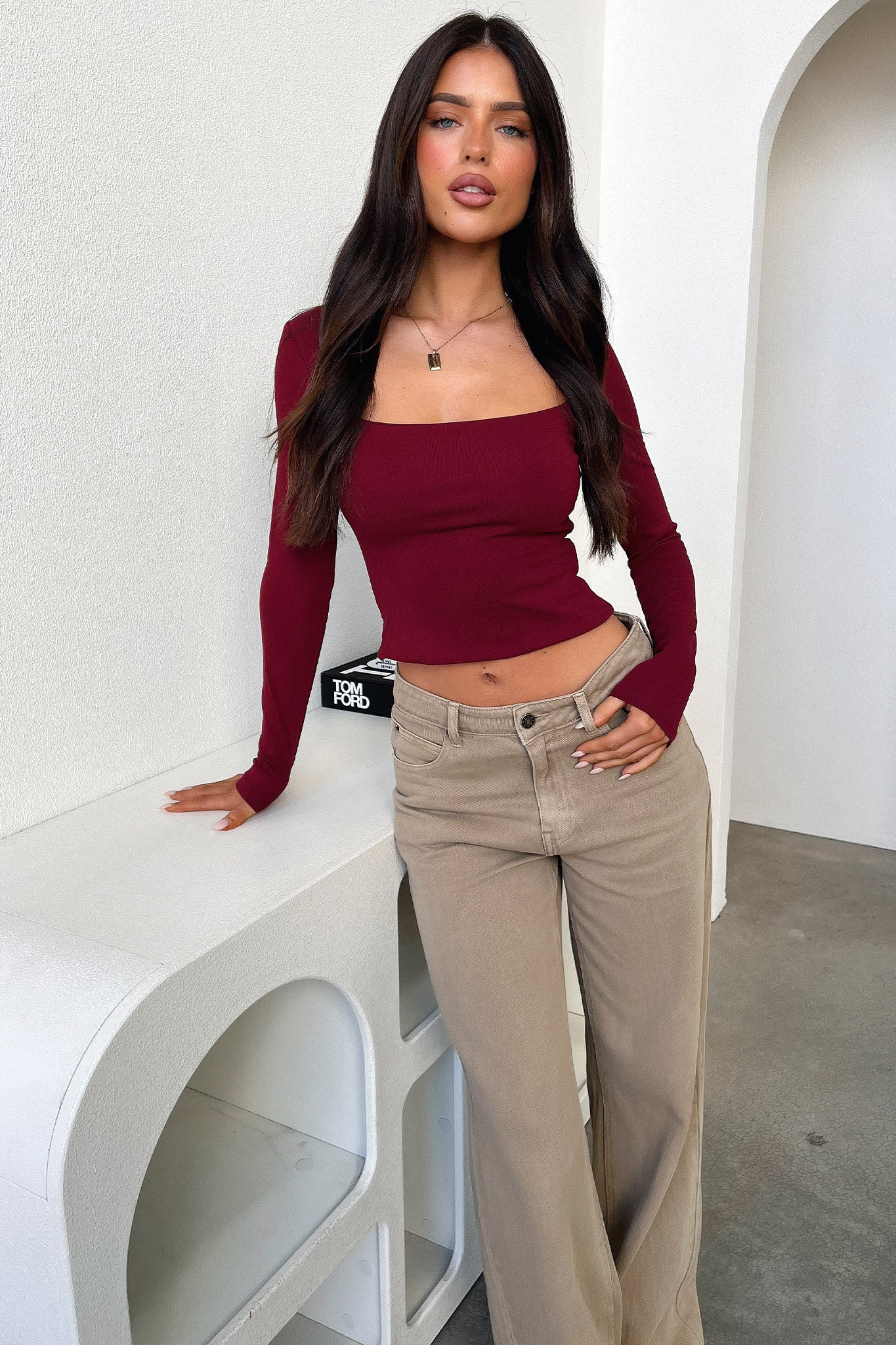 Andre Women's Long Sleeve T-Shirt - Burgundy Red Casual Blouse for Work, Date Night & Fall Layering
