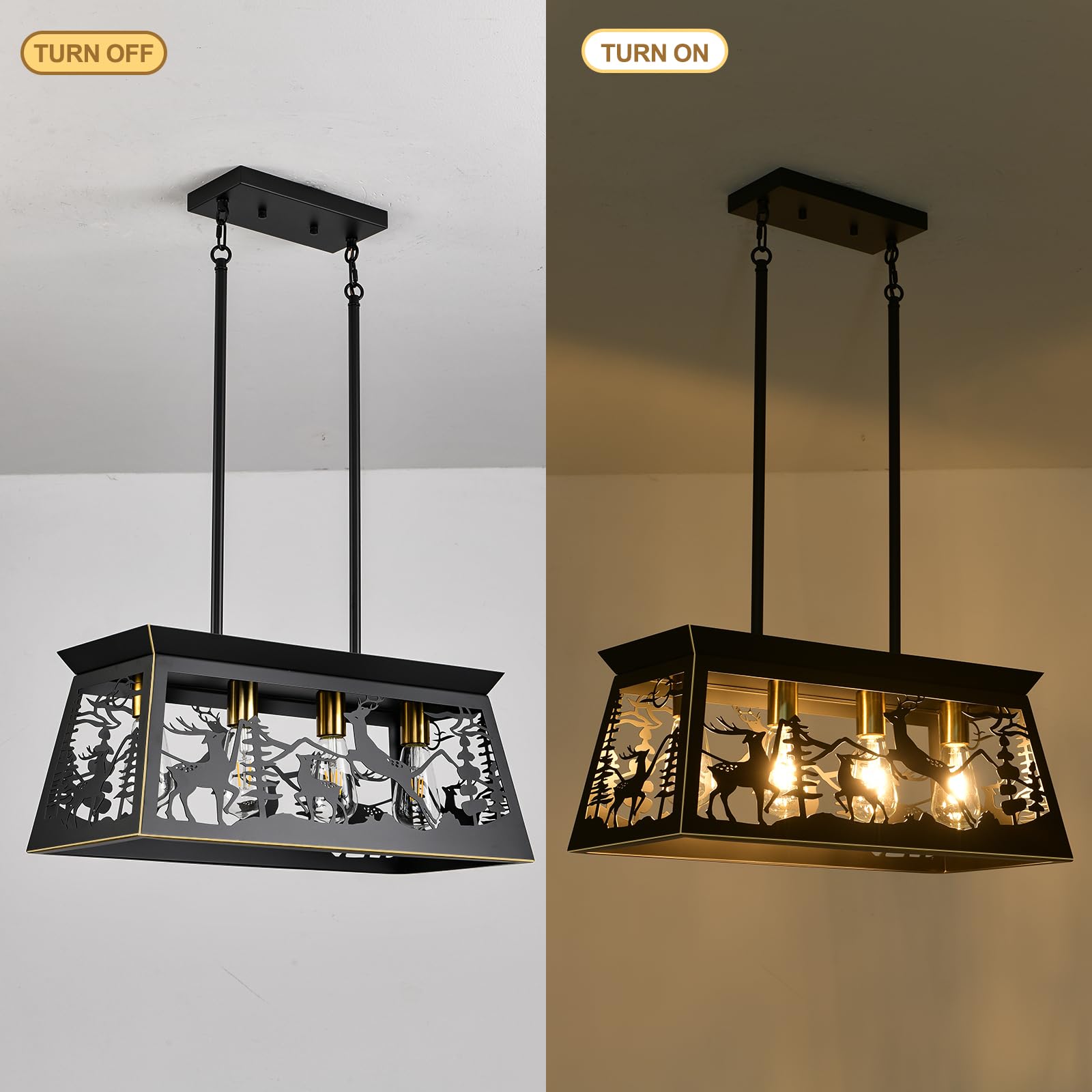 Rustic Black Rectangle Farmhouse Chandelier - 24-Inch 4-Light Deer Design Pendant Lighting for Dining Room, Kitchen Island & Table - Perfect for Country Homes, Cabin Decor & Farmhouse Style Interiors