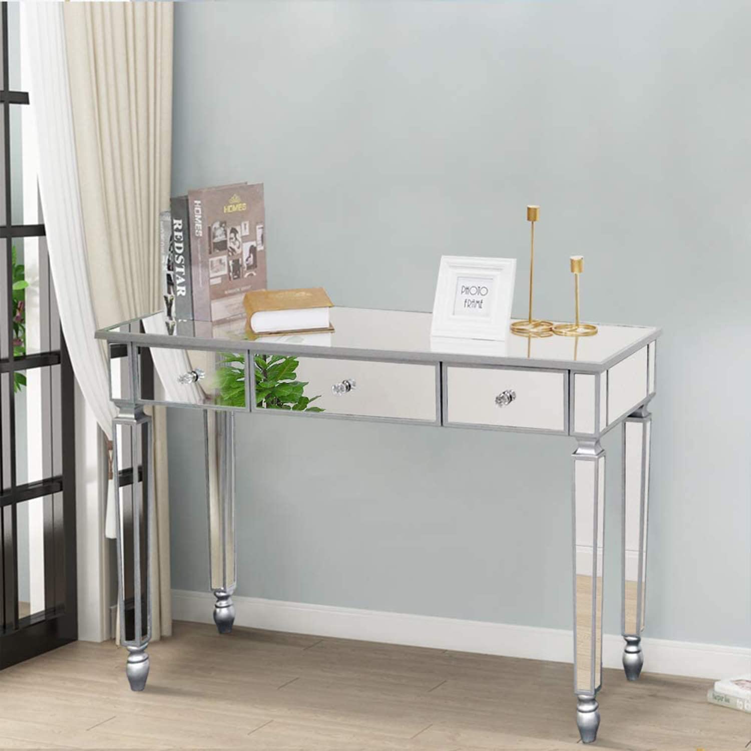 Modern Silver Mirrored Vanity Desk with 3 Drawers - Glass Console Table & Makeup Dressing Table for Bedroom, Living Room, Entryway | Perfect for Makeup Organization, Home Decor & Small Space Solutions
