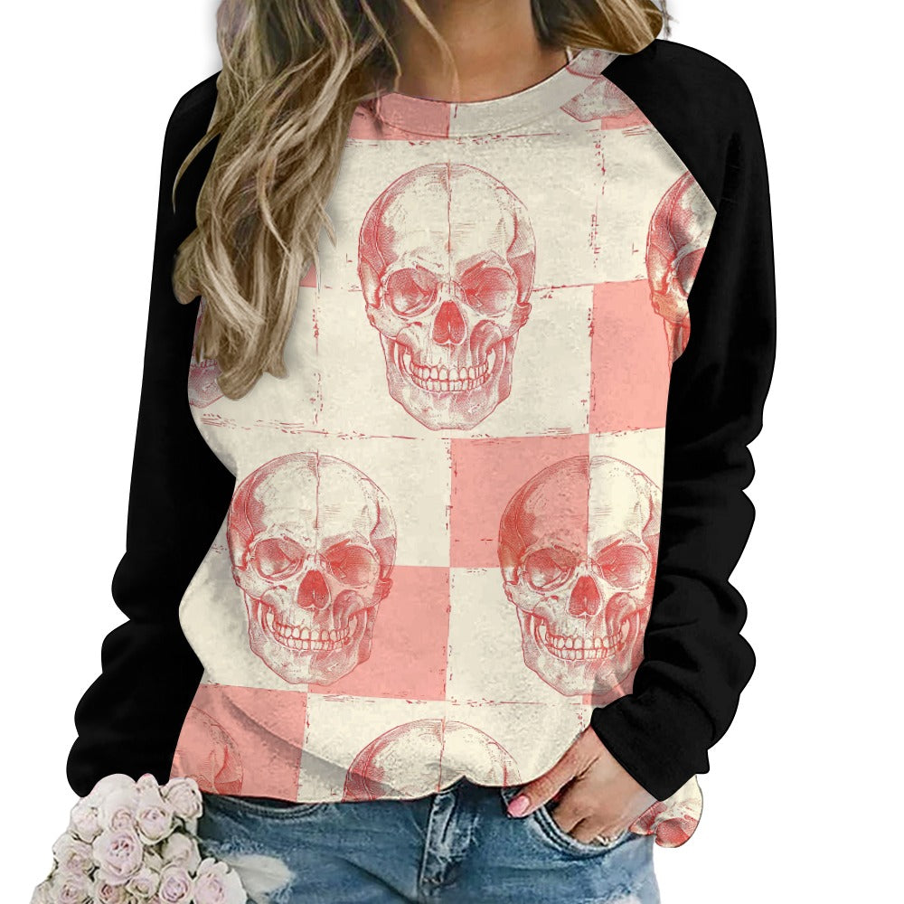 Stylish Peach Skulls Raglan Round Neck Sweater for Women - Trendy Casual Pullover for Fall & Winter - Perfect for Streetwear, Layering, and Everyday Fashion