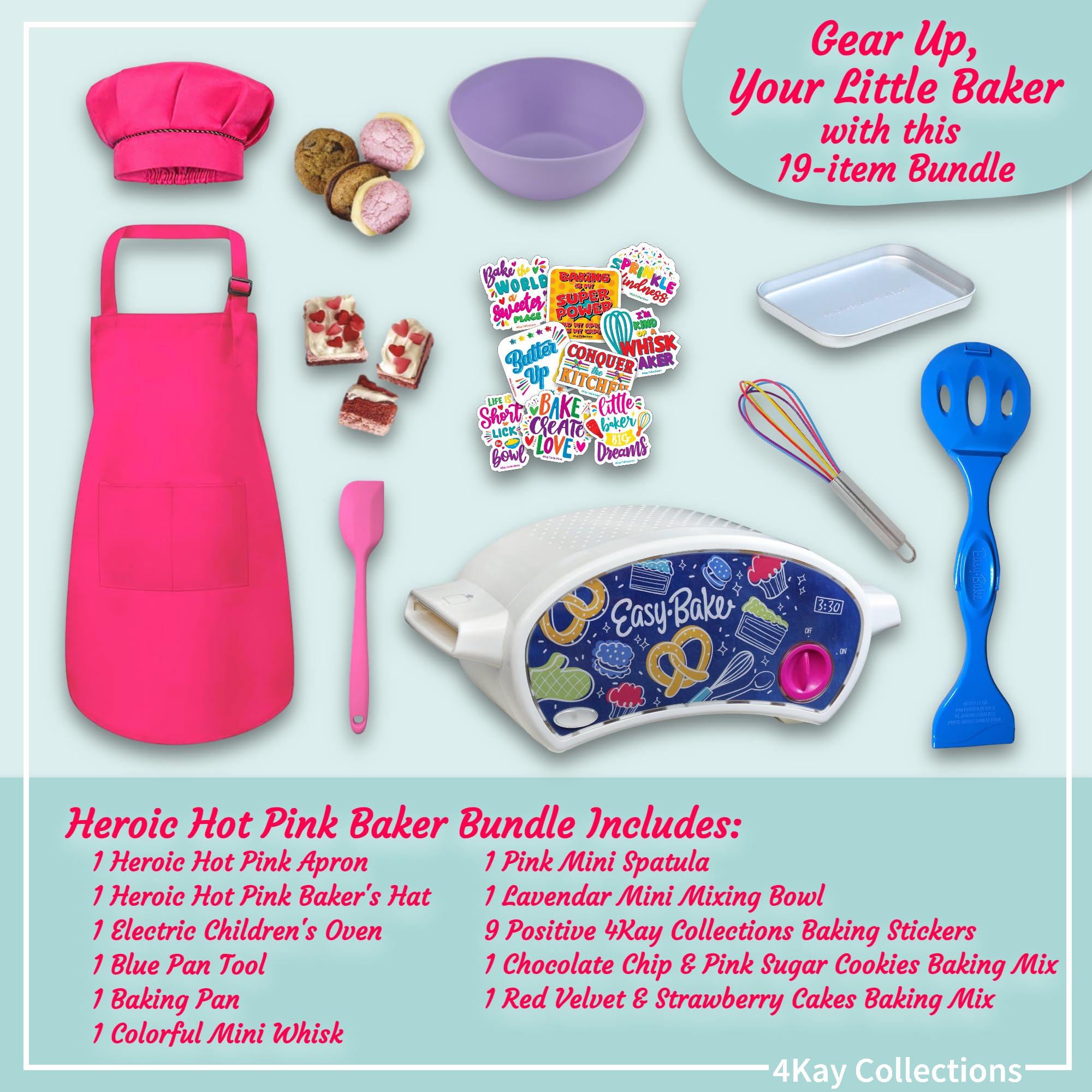 Ultimate Kids Baking Oven Set with 19-Piece Accessories - Pretend Play Kitchen Toy with Oven, 2 Refill Mixes, Apron, Chef Hat, Mixing Bowl, Spatula, Whisk, 9 Stickers & Baking Tools (Pink) - Perfect for Birthday Gifts & Pretend Cooking Play for Toddlers Ages 3-6