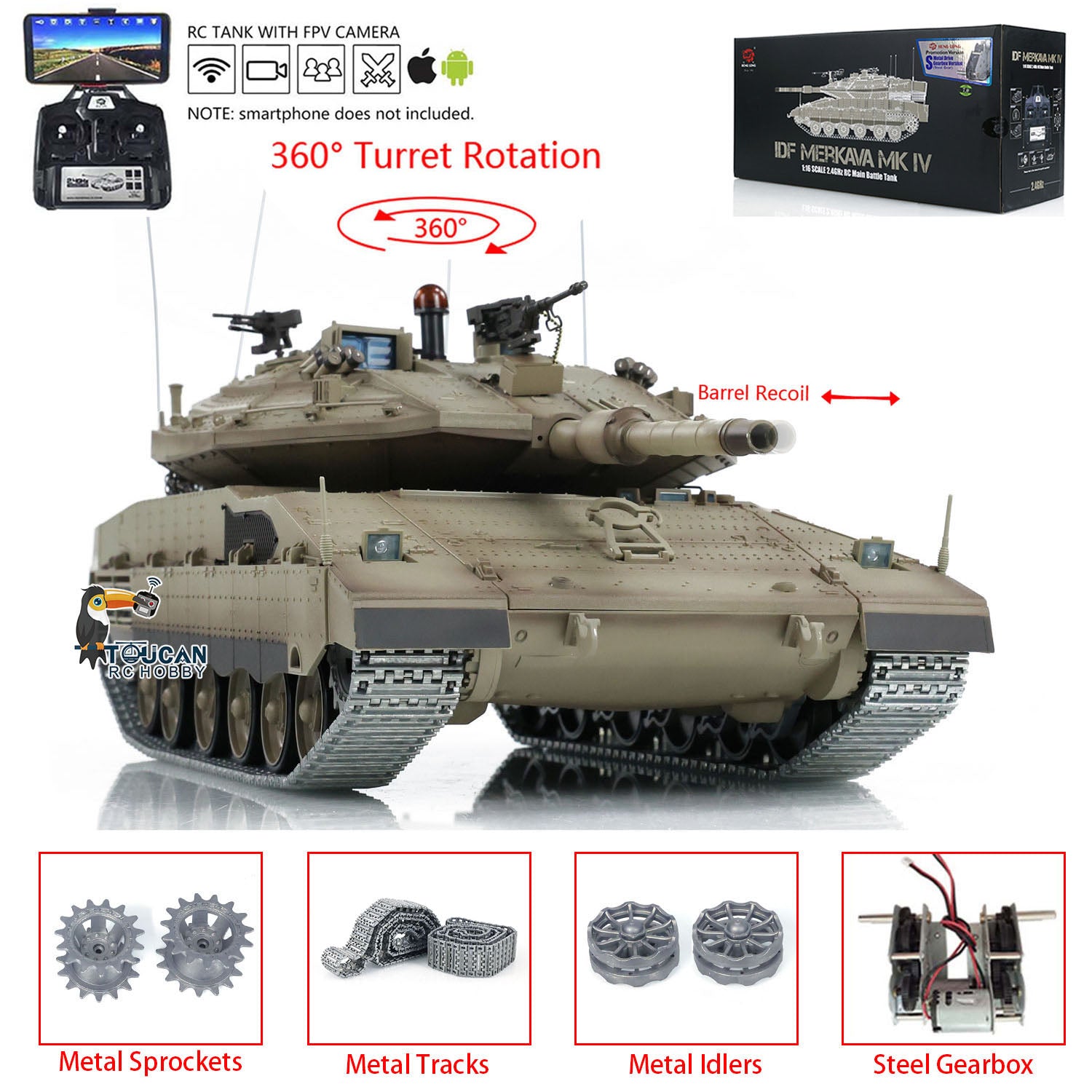 1:16 Heng Long 3958 RC Main Battle Tank IDF Merkava MK IV FPV Upgrade Edition with Metal Tracks, 360° Rotating Barrel & Recoil - Remote Control Military Tank Toy for Adults & Kids, Outdoor Battle Simulation & Collection Display