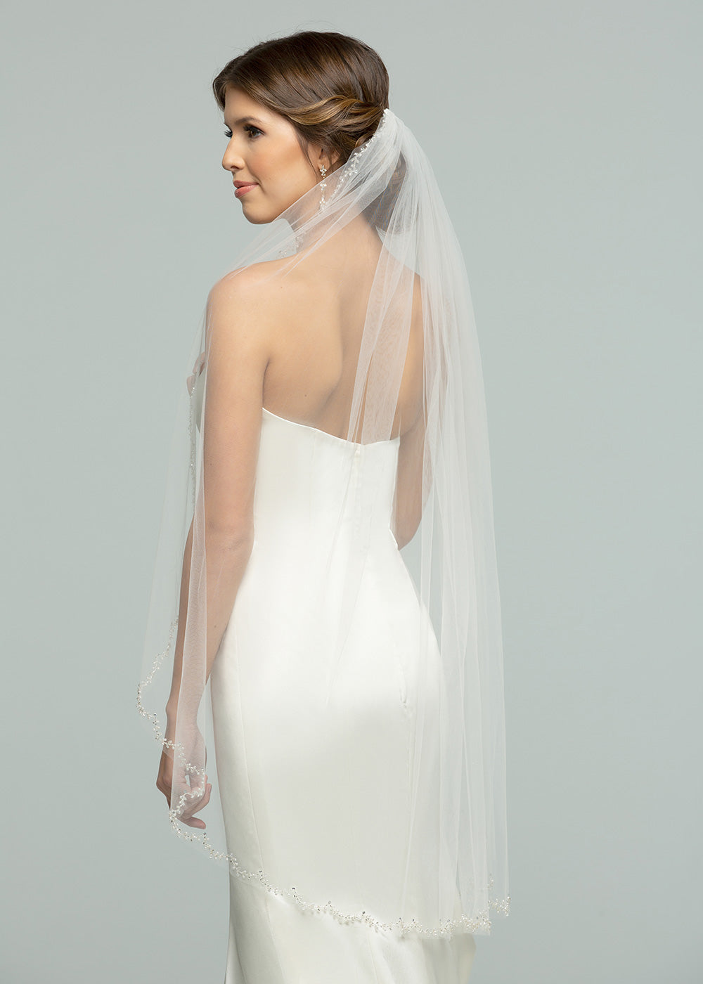 Elegant V1028 Fingertip Veil with Delicate Beading - Perfect for Weddings, Prom & Special Occasions
