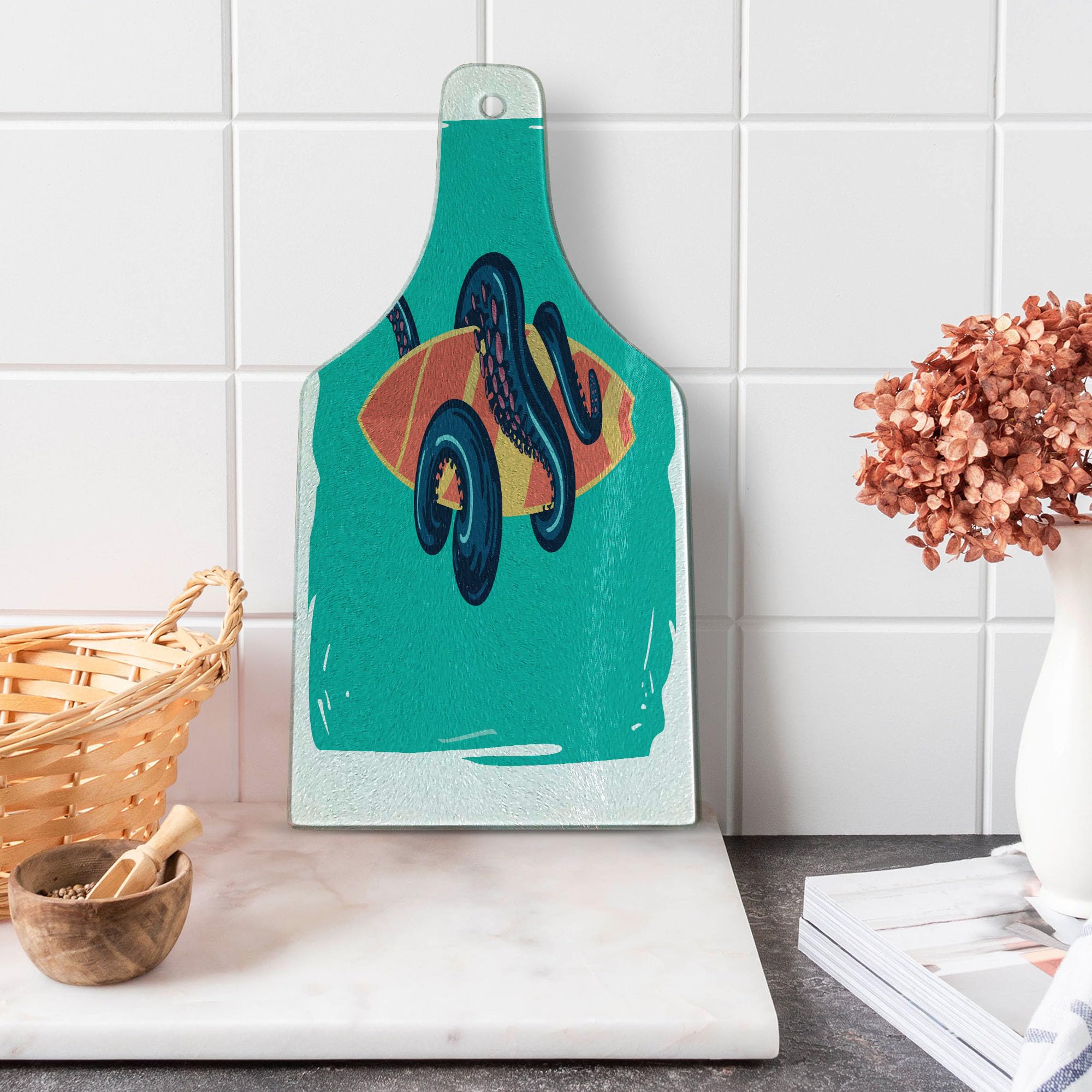 Lunarable Octopus Cutting Board - Tempered Glass Serving Board with Water Sports Retro Design, Wine Bottle Shape in Teal & Orange - Perfect for Kitchen Prep, Charcuterie, and Party Entertaining