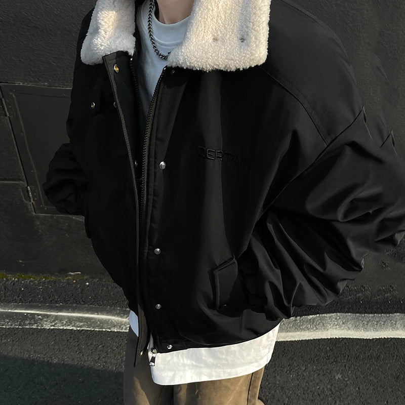Men's American Style Cotton Padded Jacket with Lamb Wool - Thick Lapel Solid Color Button Coat for Winter 2024 | Warm Fashion Outerwear for Casual Wear, Office & Outdoor Activities
