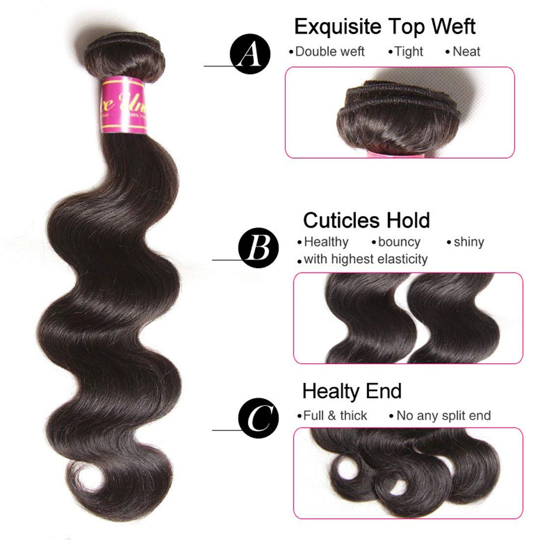 UNice 8A Indian Body Wave Virgin Hair Extensions - 3 Bundles 100% Unprocessed Human Hair Weave (12/14/16 Inch) Natural Black for Women | Perfect for Daily Wear, Parties & Special Occasions