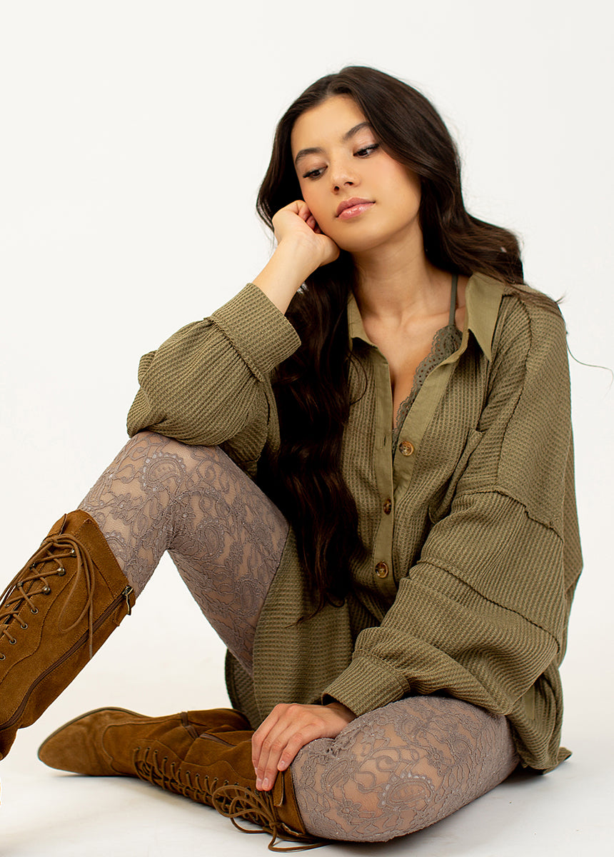 Elena Lace Leggings for Women - High Waisted Stretchy Yoga Pants in Taupe - Perfect for Workouts, Yoga & Casual Wear