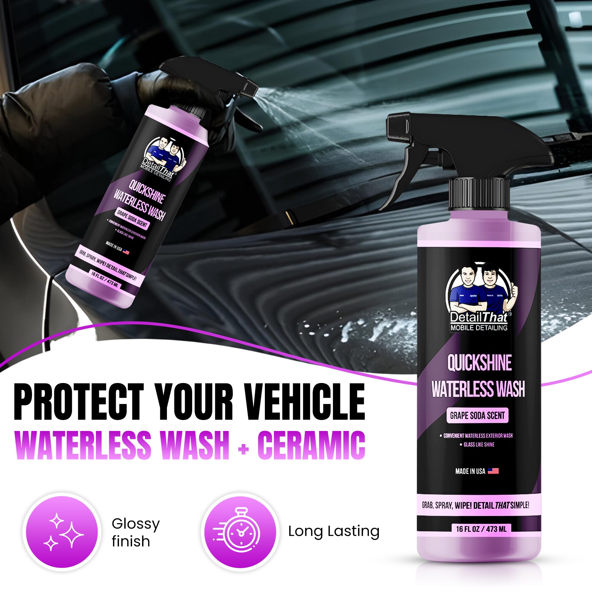 Quickshine Waterless Car Wash Spray - No Water Needed, Shiny Finish with Ceramic Protection | Quick & Effective Cleaning | Grape Soda Scent, 16 oz | Perfect for Cars, Trucks, Motorcycles & RVs