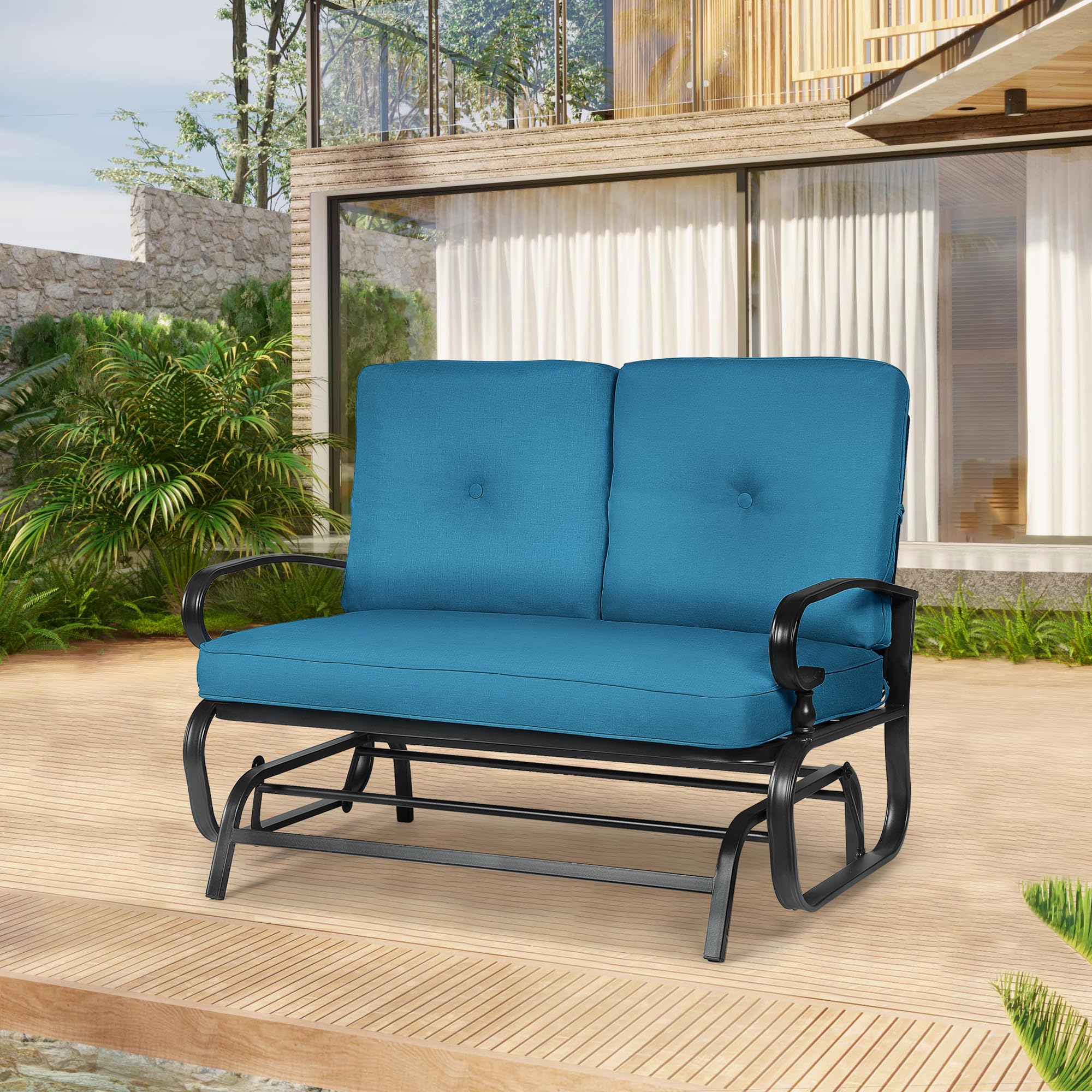 Outdoor Bench Patio Swing Glider Loveseat - 2 Seats Wrought Iron Rocking Chair with Blue Cushion - Perfect for Garden, Backyard, Porch, and Patio Relaxation