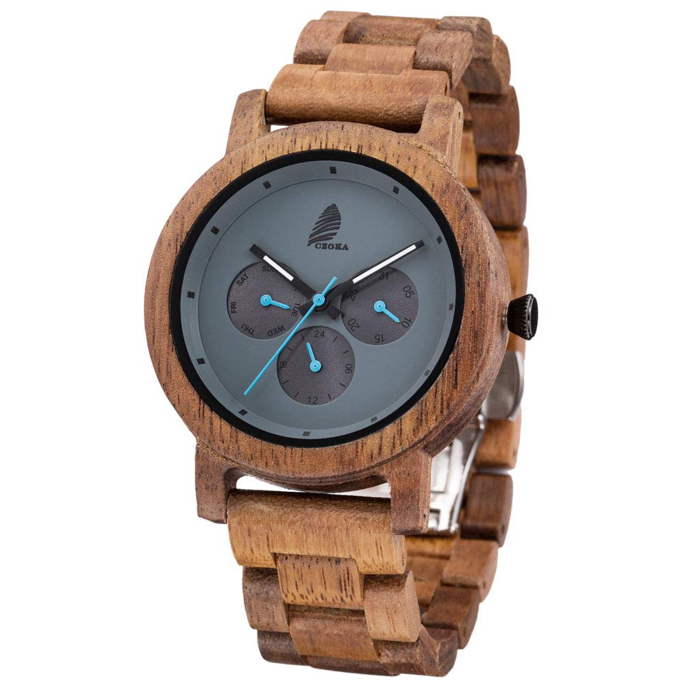 CZOKA Natural Wooden Watch for Men & Women - 100% Handcrafted Wood Quartz Movement with Date/Week Display - Lightweight Unisex Design - Perfect for Casual, Office & Outdoor Wear
