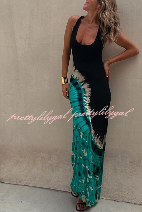 Tie Dye Print Back Lace Up Stretch Maxi Dress for Women - Boho Summer Beach Dress, Festival Outfit & Vacation Wear
