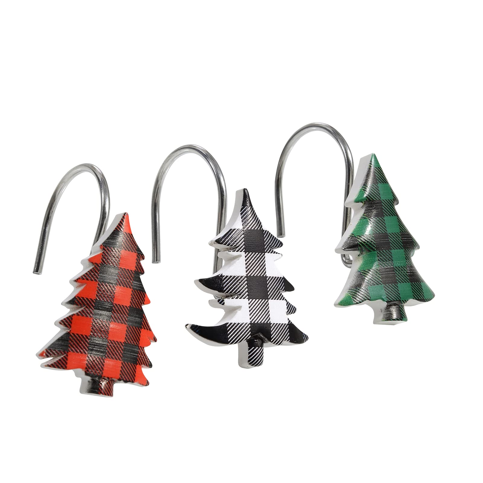 Estmy Buffalo Plaid Christmas Tree Shower Curtain Hooks - Set of 12 Rustproof Resin Hooks for Farmhouse Bathroom Decor, Xmas Theme Holiday Home Accessories - Perfect for Christmas Bathroom, Kitchen, and Farmhouse Decorations