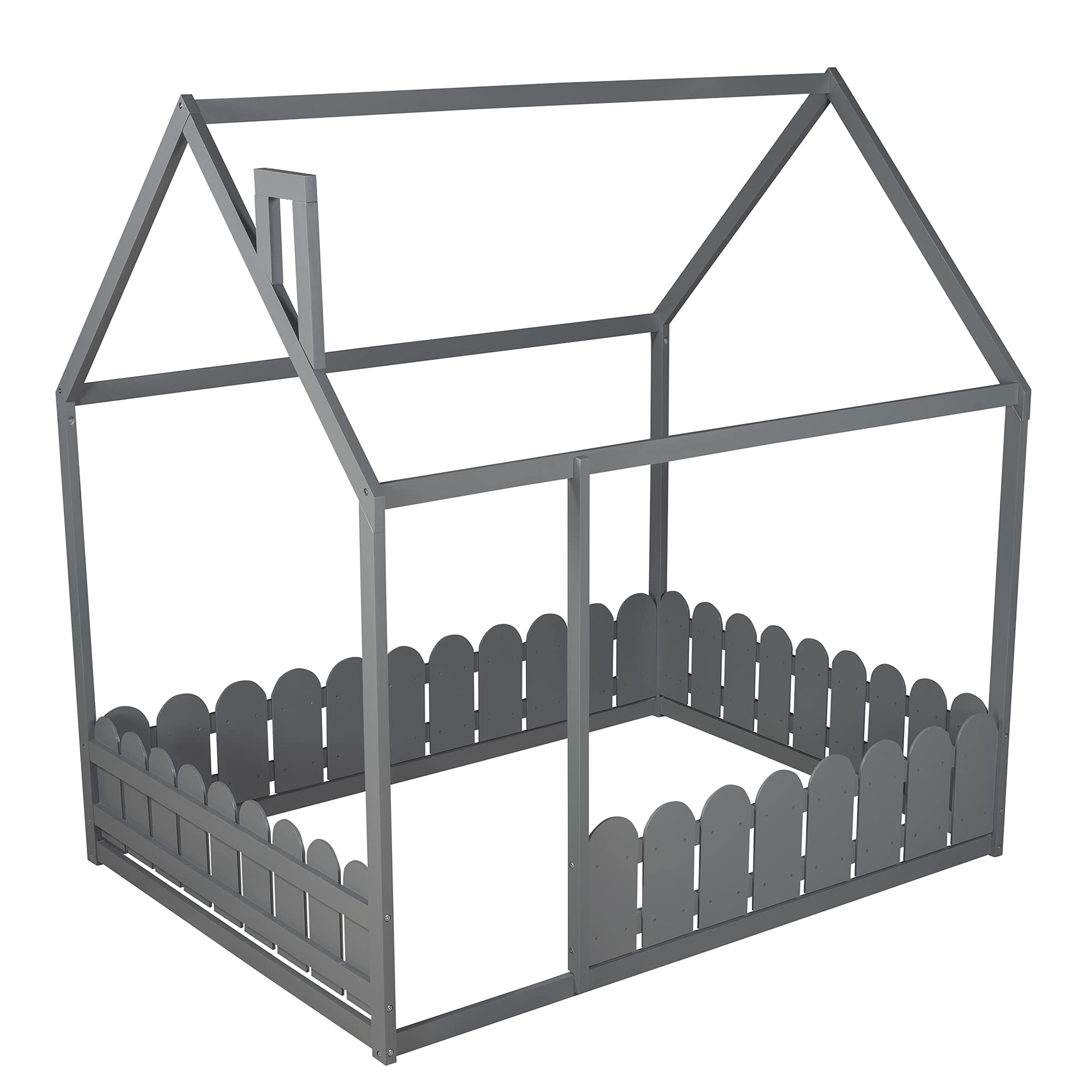 Wooden House Bed Frame with Roof & Fence Railings - Full Size Gray Kids Bed for Boys & Girls - Perfect for Nursery, Bedroom or Playroom Decor