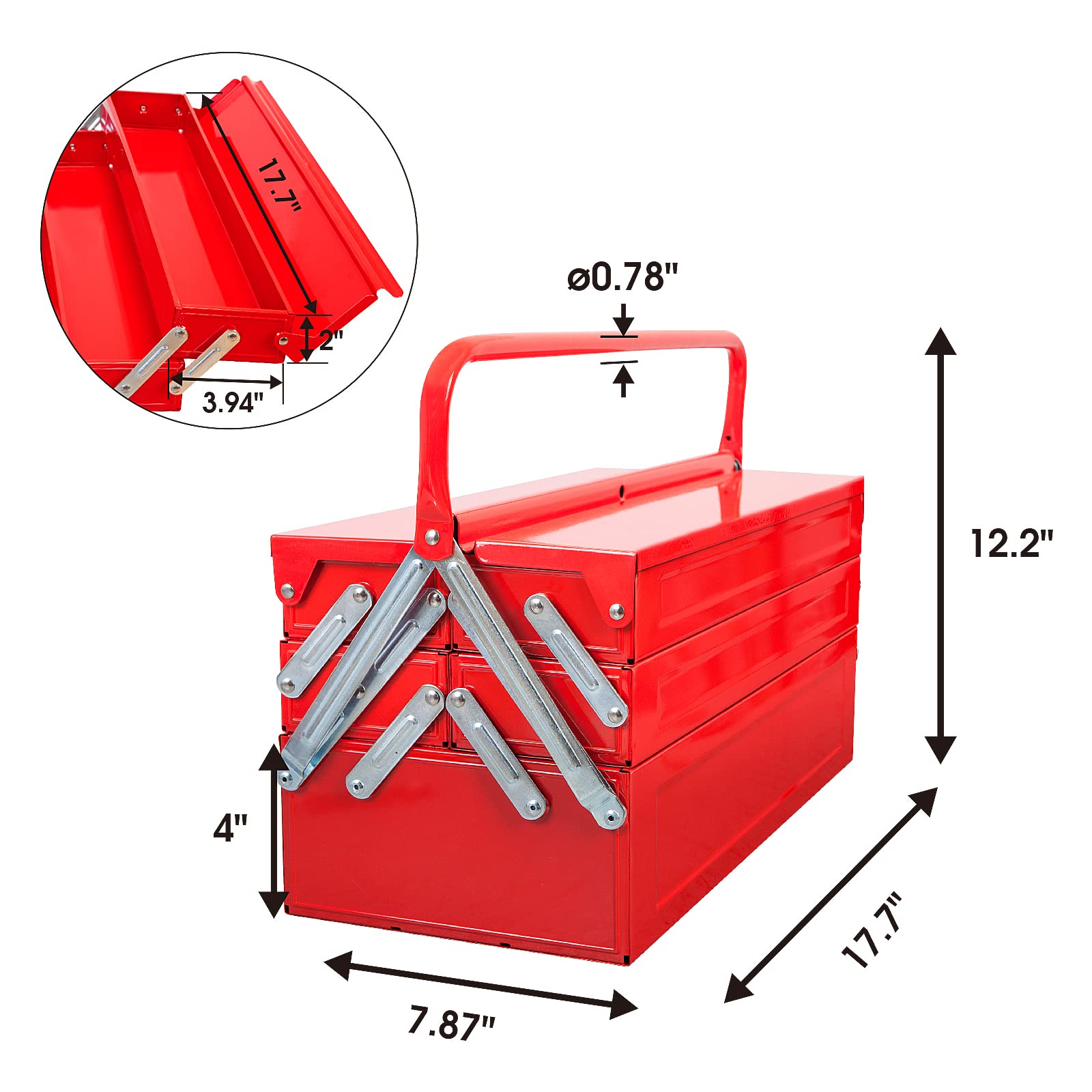 TCE 18 Inch Heavy Duty Metal Tool Box - Portable Steel Tool Storage Cabinet with 5 Cantilever Trays (ANTBC-128U, Red) - Perfect for Mechanics, DIY Projects & Workshop Organization