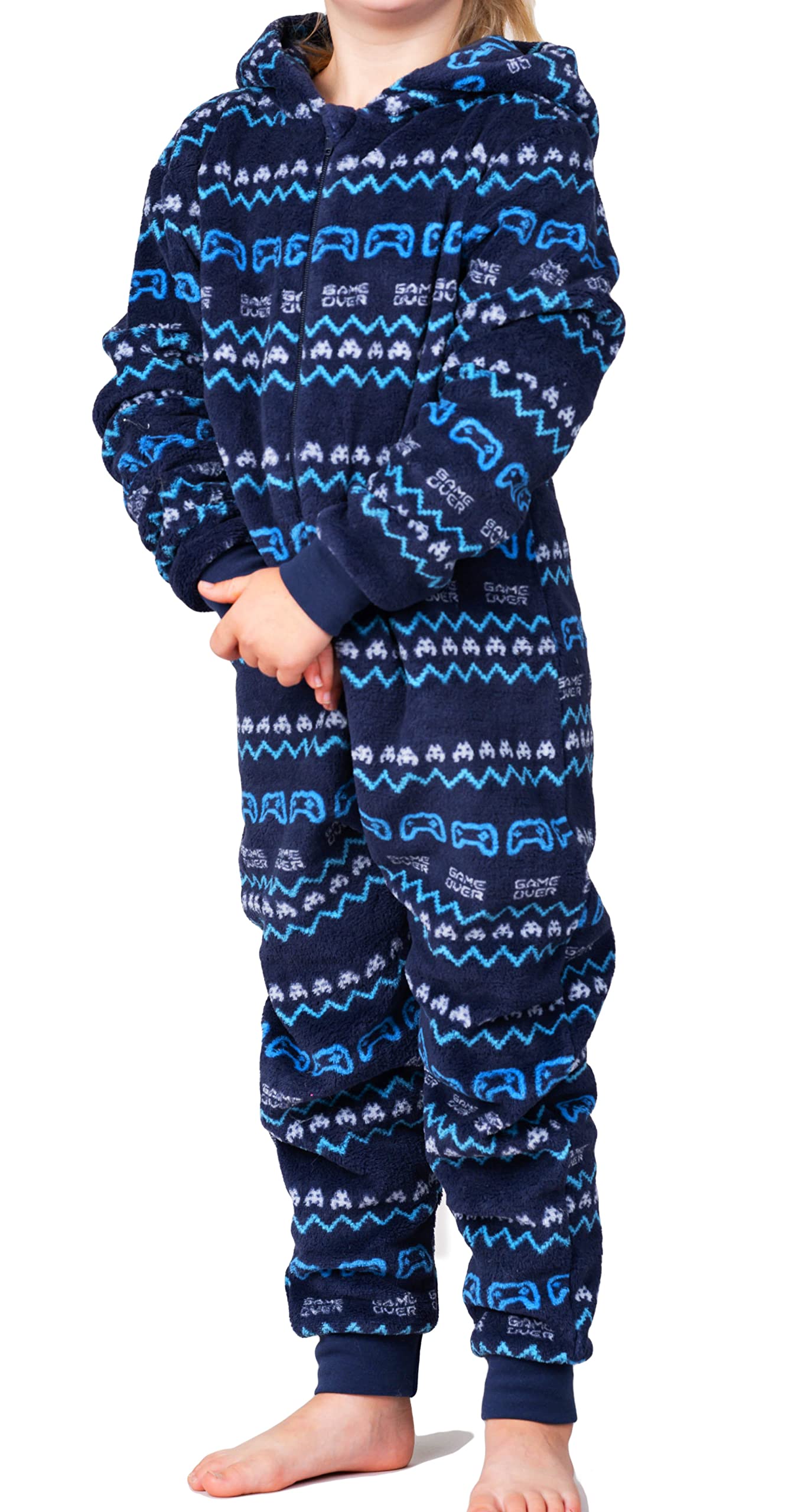 Wunsy Kids Gaming Onesie - Space Invaders Themed Fleece Sleepsuit with Hood for Boys & Girls Ages 8-16 | Warm PJs for Sleepovers, Gaming Nights & Winter Comfort